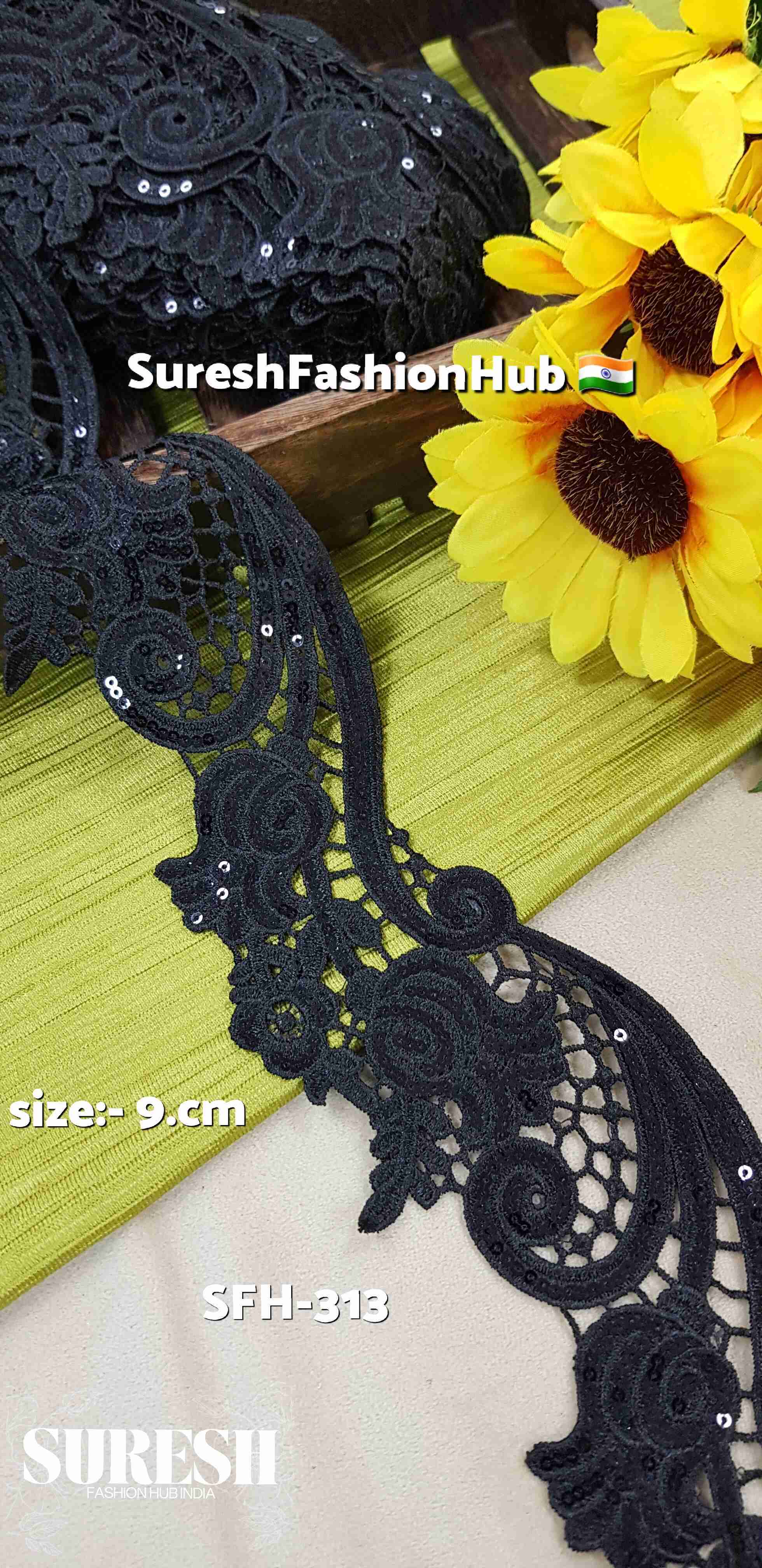 Black Floral Cutwork GPO Lace with Transparent Sequins