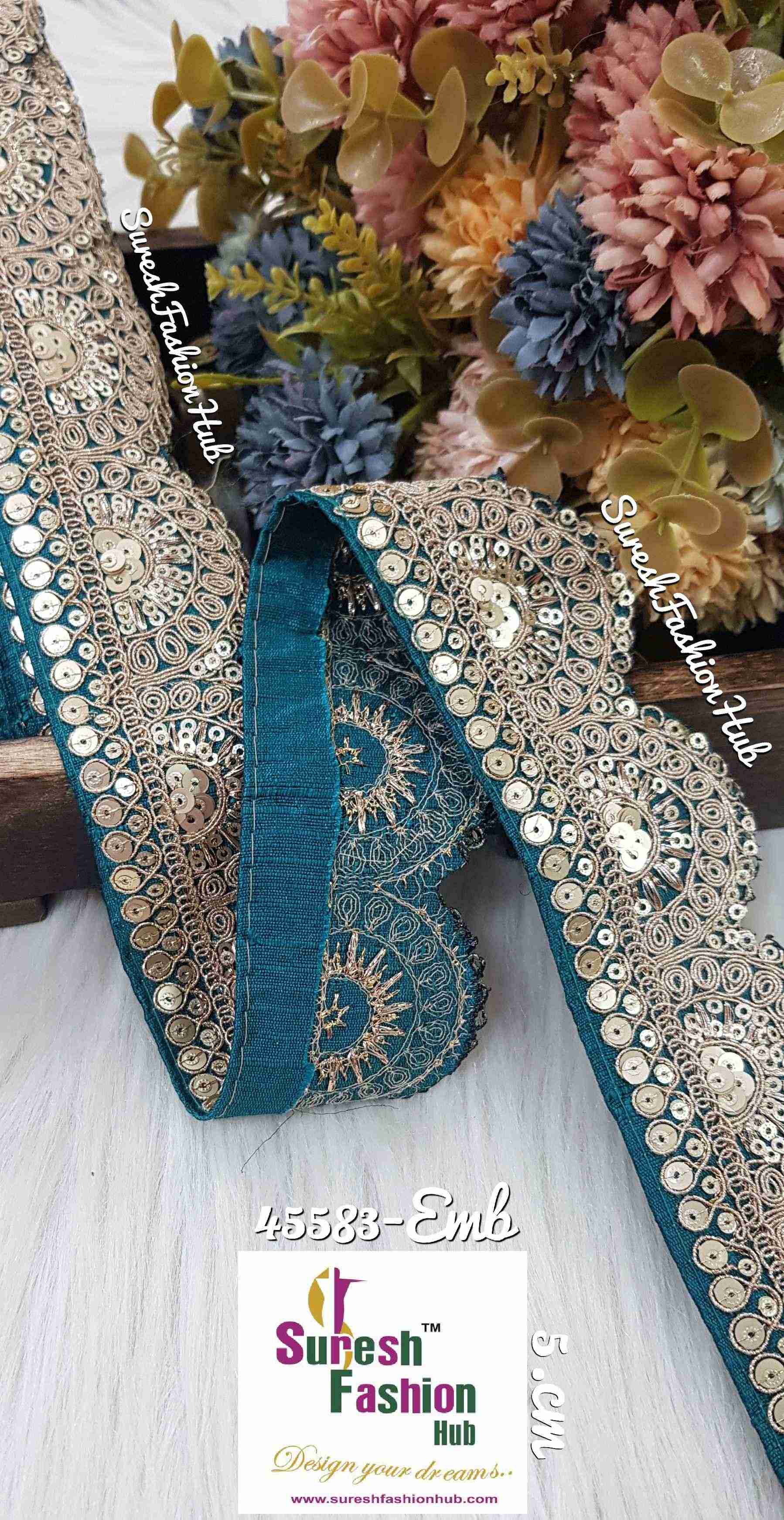 Crimson Rama Green Embroidered trim
