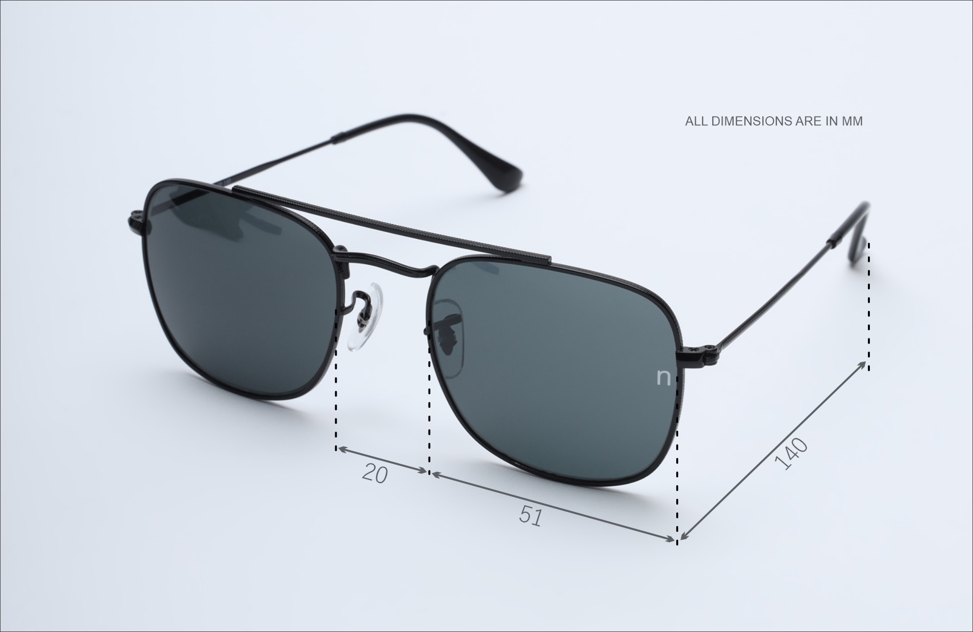 Noggah Stainless Steel Black Frame with Black Glass UV Protection Lens  Large Size Unisex Sunglasses - Noggah