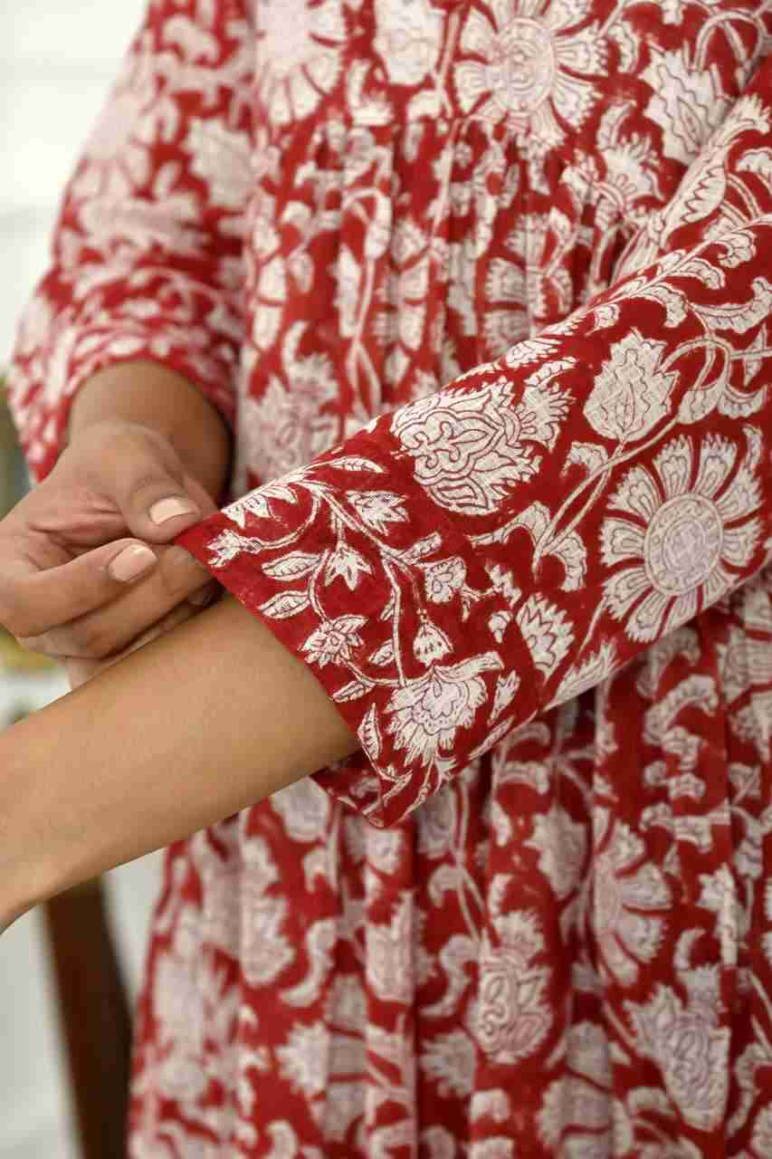 Naksh Red And White Block Printed Gathered Kurta With Pants (Set of 2)