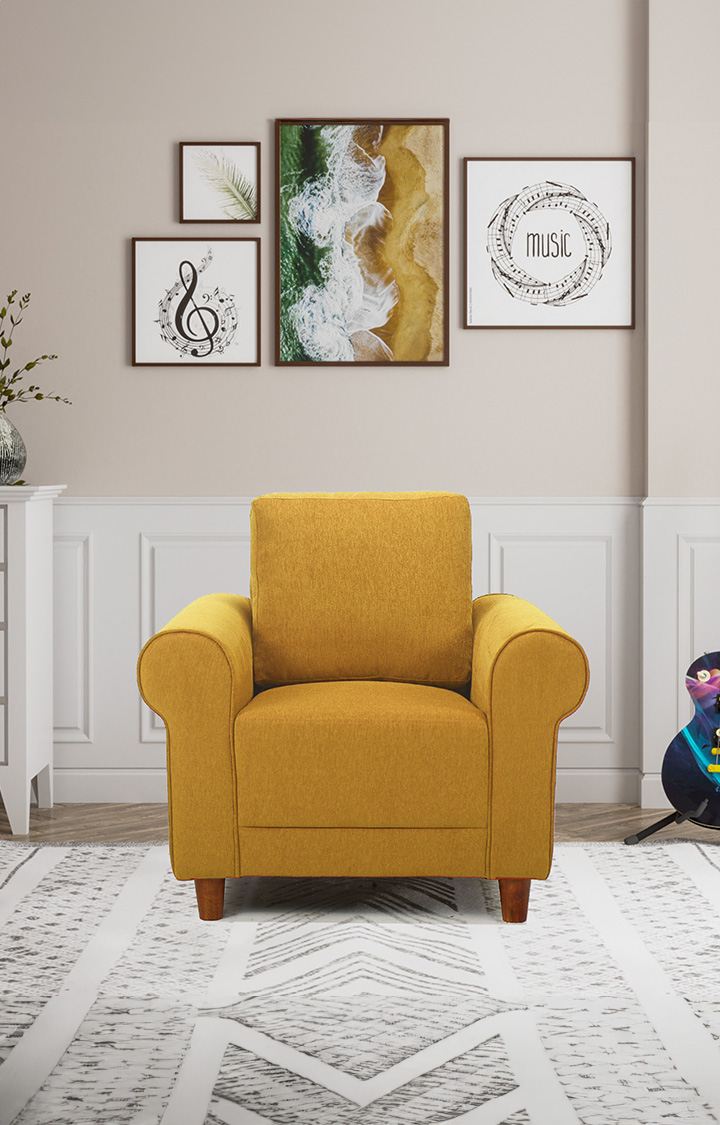 neudot Melody Fabric 1 Seater Sofa in Husky Yellow Colour | Premium Fabric Sofa | 1 Seater Sofa | Solid Wood Leg
