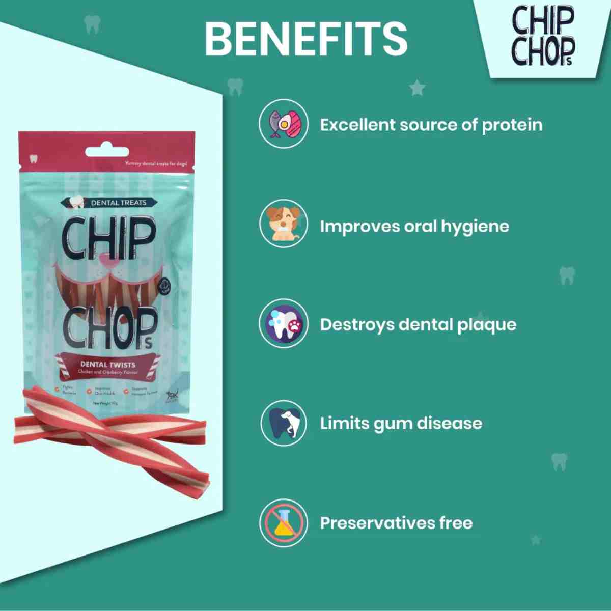 Chip Chops Dental Twist Chicken and Cranberry Flavor Dog Treat - 90gm