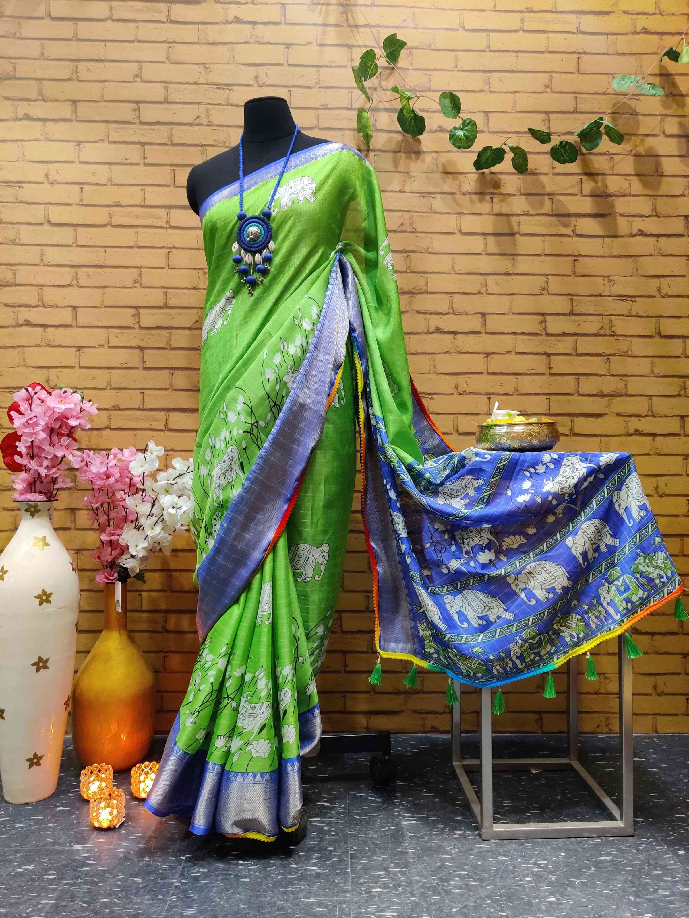 Printed Silk Sari With Lace and Tassels