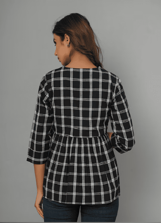 WOMEN BLACK CHECK PEPLUM TOP