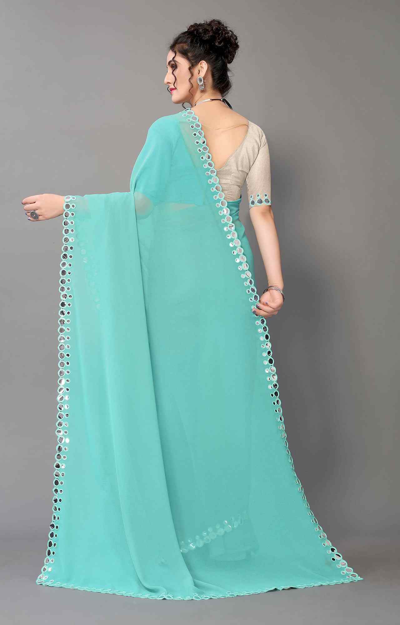 Women Turquoise Solid Georgette Saree with Mirror Work Border - HA_VASTRA_RAMA