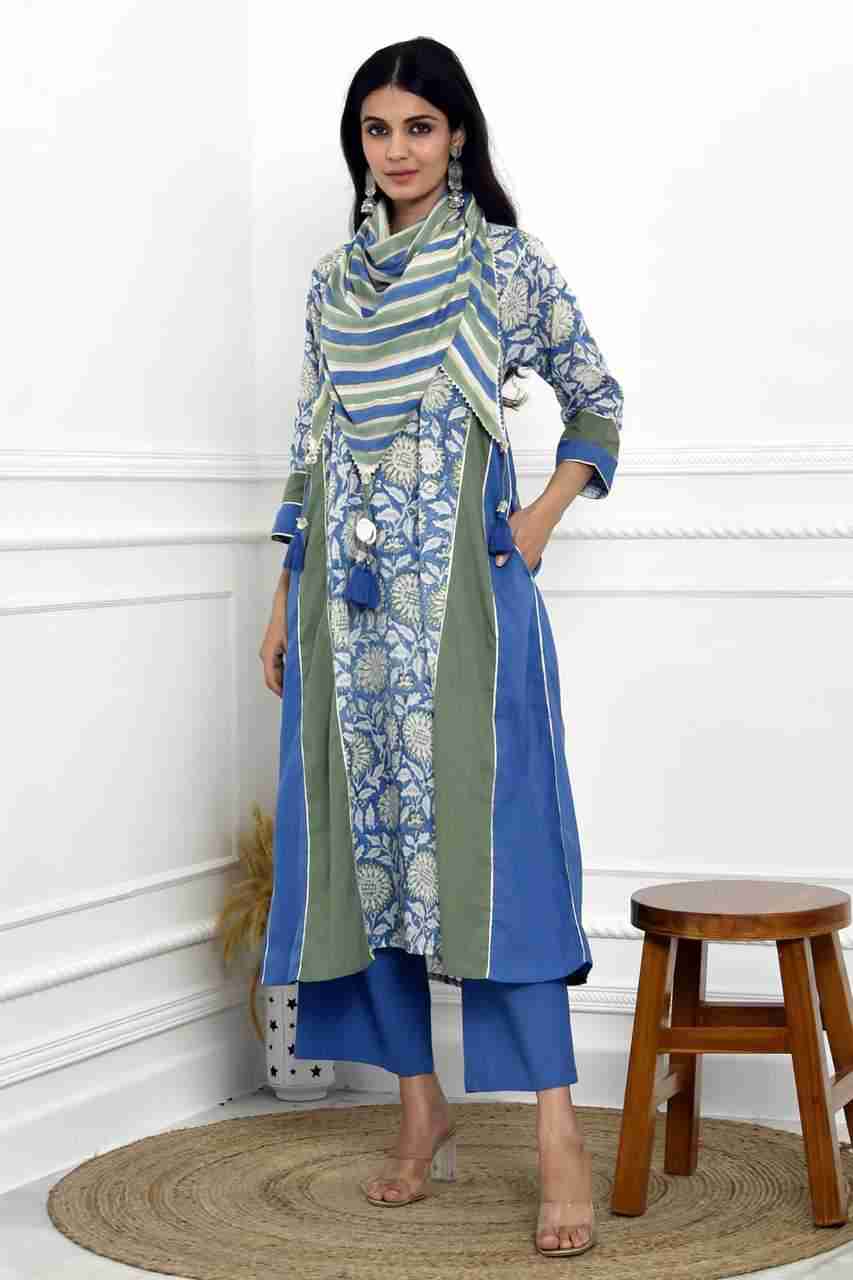 Naksh Green Blue Printed Kalidar Kurta, Pants And Triangular Stole (Set of 3)