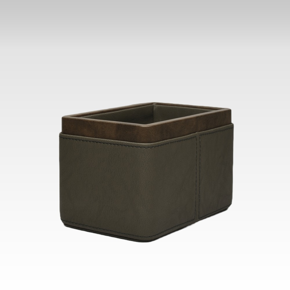 Ultra Premium Pen/Pencil Holder / Desk Organizer / Accessories in Premium Faux Leather | Rectangular | Size: 3.5x5.5x3.5(H) Inches | Two Compartment | Lycra Series (Olive Green)