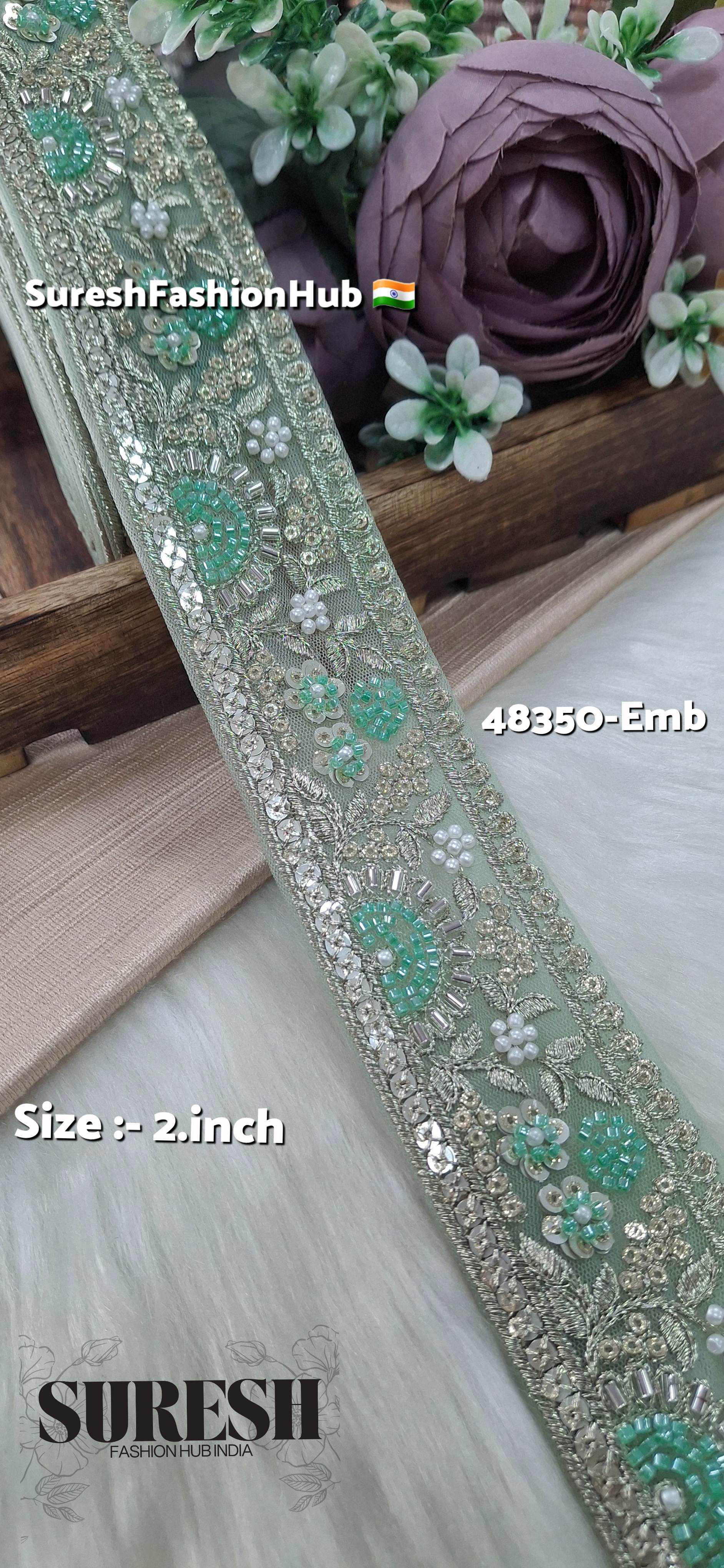 SeaGreen PearlGlow Floral Net Embroidered Lace