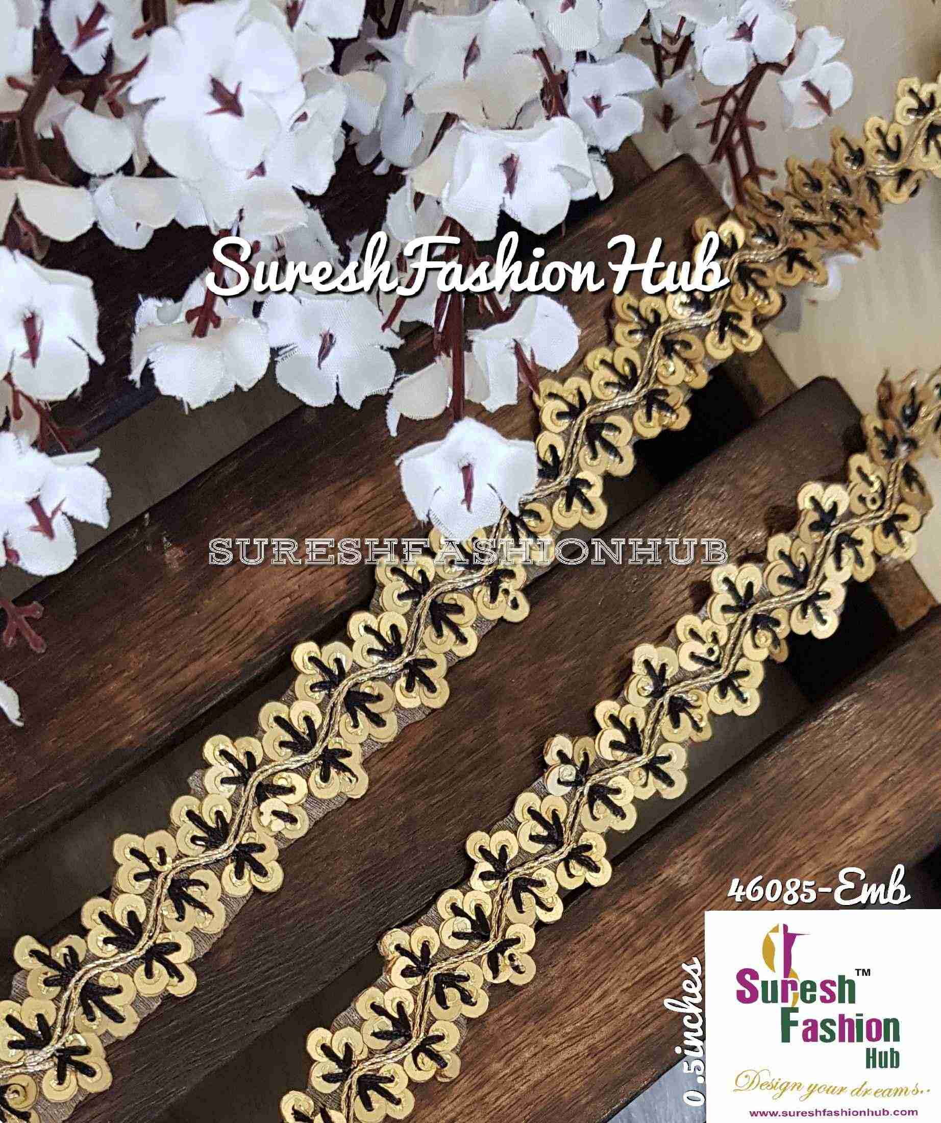 Sequence Black Thread Embroidered Leaves Designer Trim