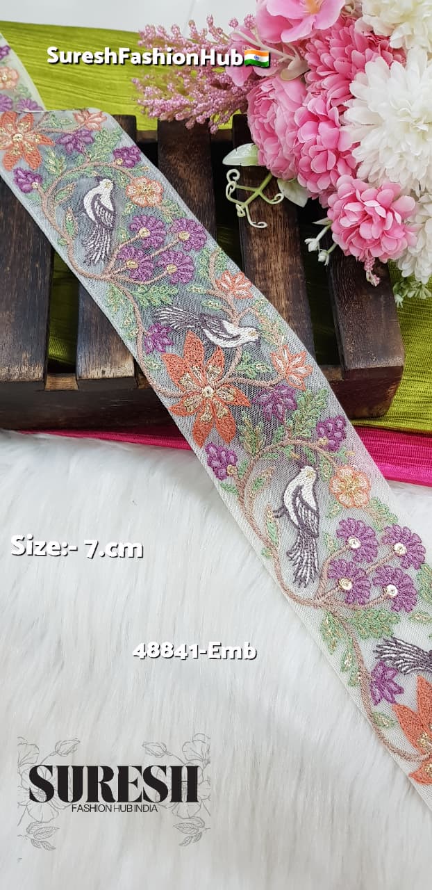 Off White Twin Bird Floral Embroidery Lace – 48841-Emb