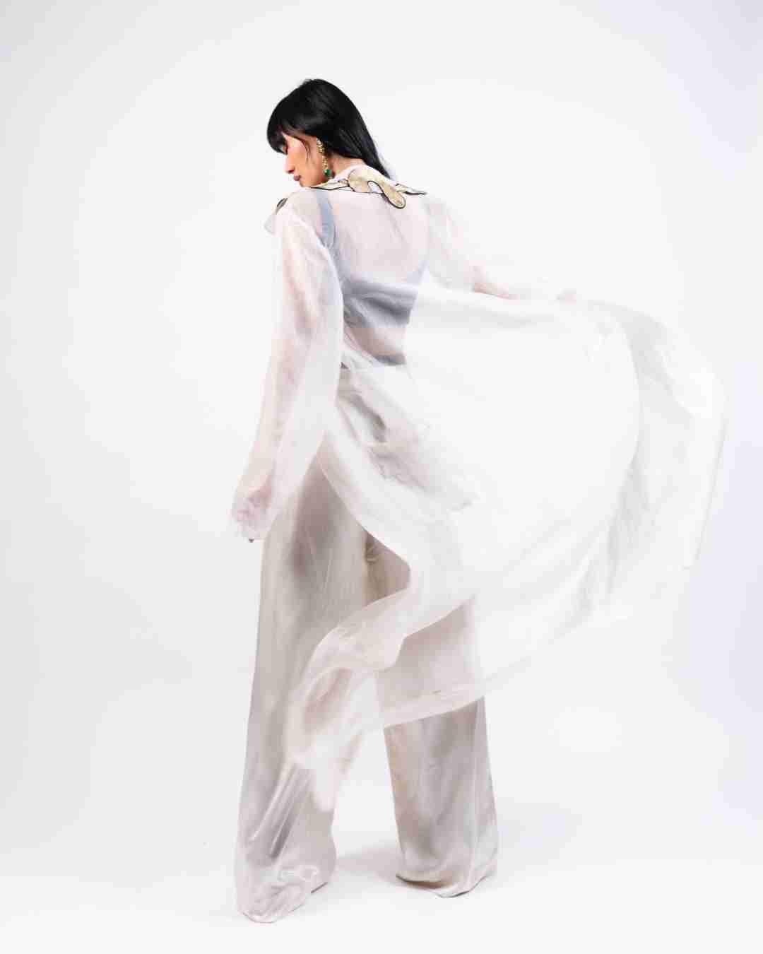 AKOK Multicolor Silk Crop top with trouser and Long Coat Co-ords