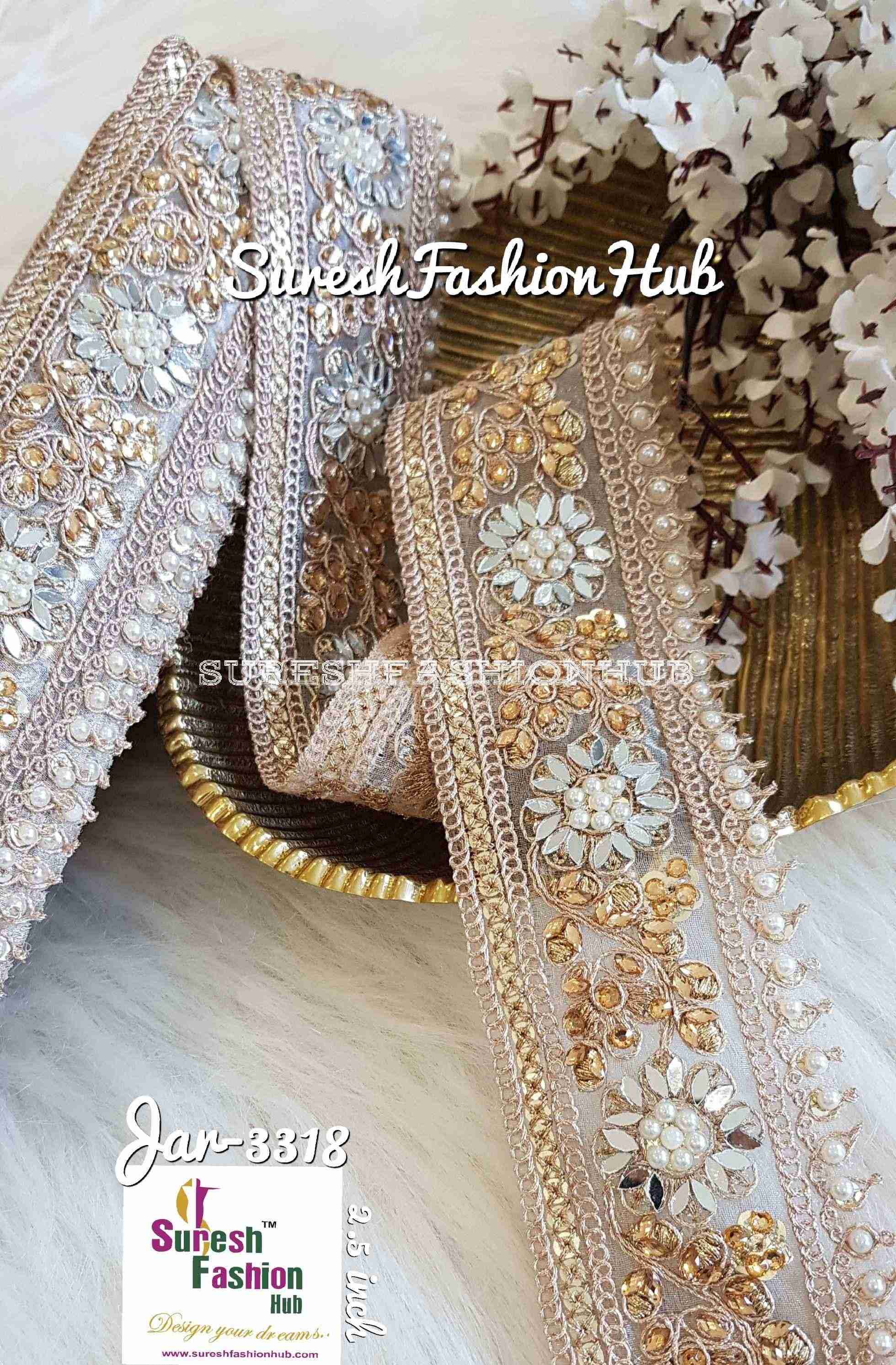 Mirror Embellished Flowers With Tiny Pearls Wide Trim