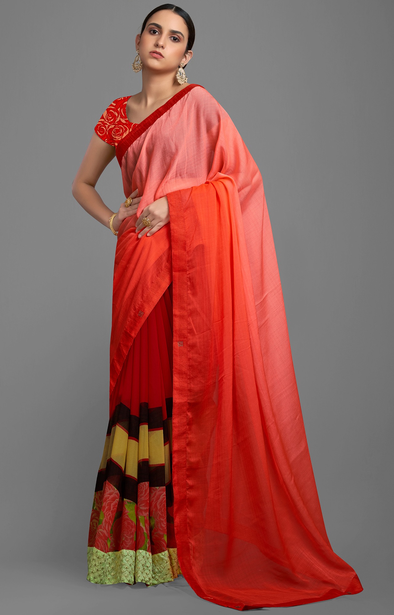 Women's Orange and Red Georgette Chiffon Blend Solid Printed Half N Half Saree-SHAMA6664SSSR004