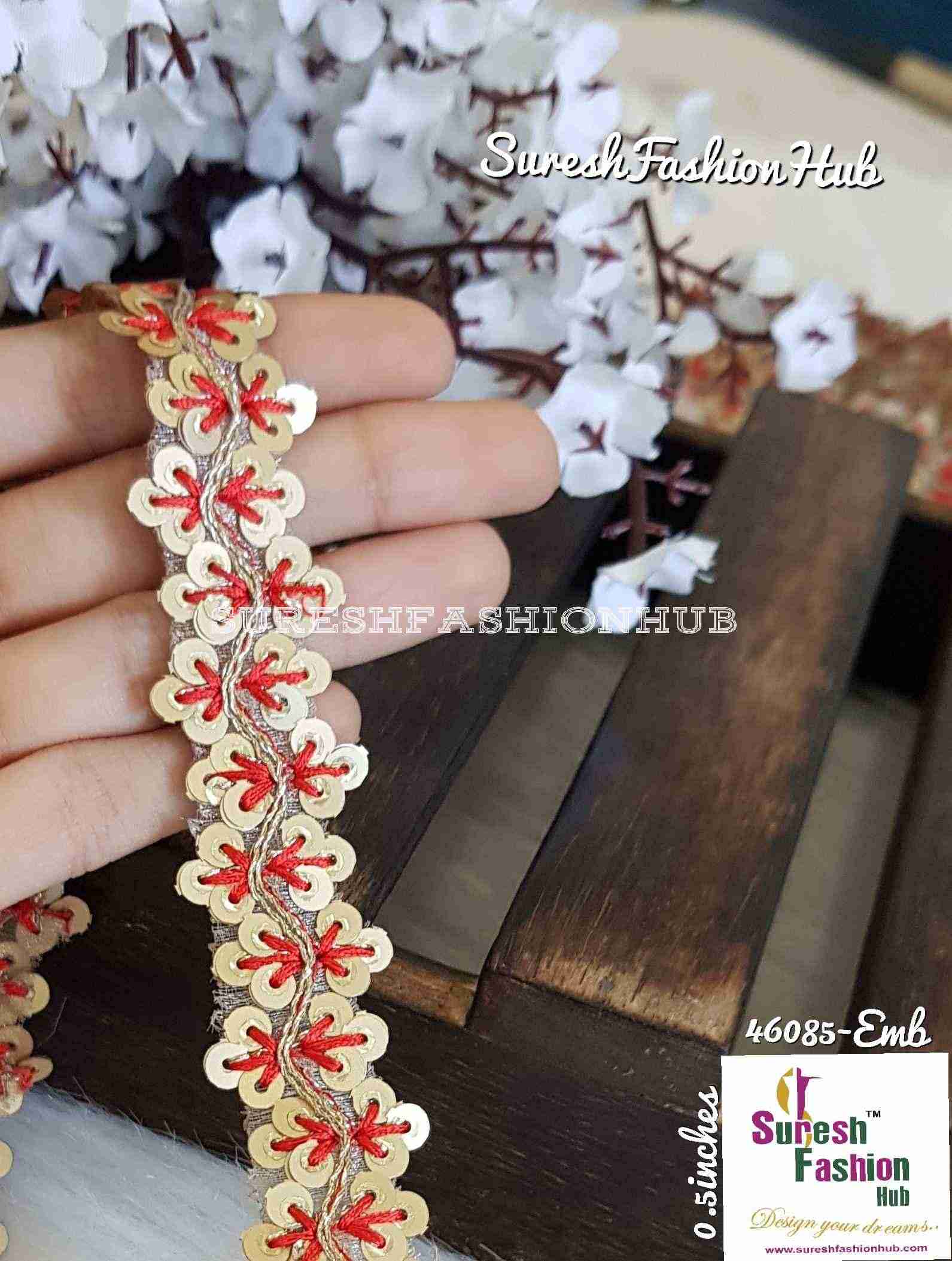 Sequence Red Thread Embroidered Leaves Designer Trim