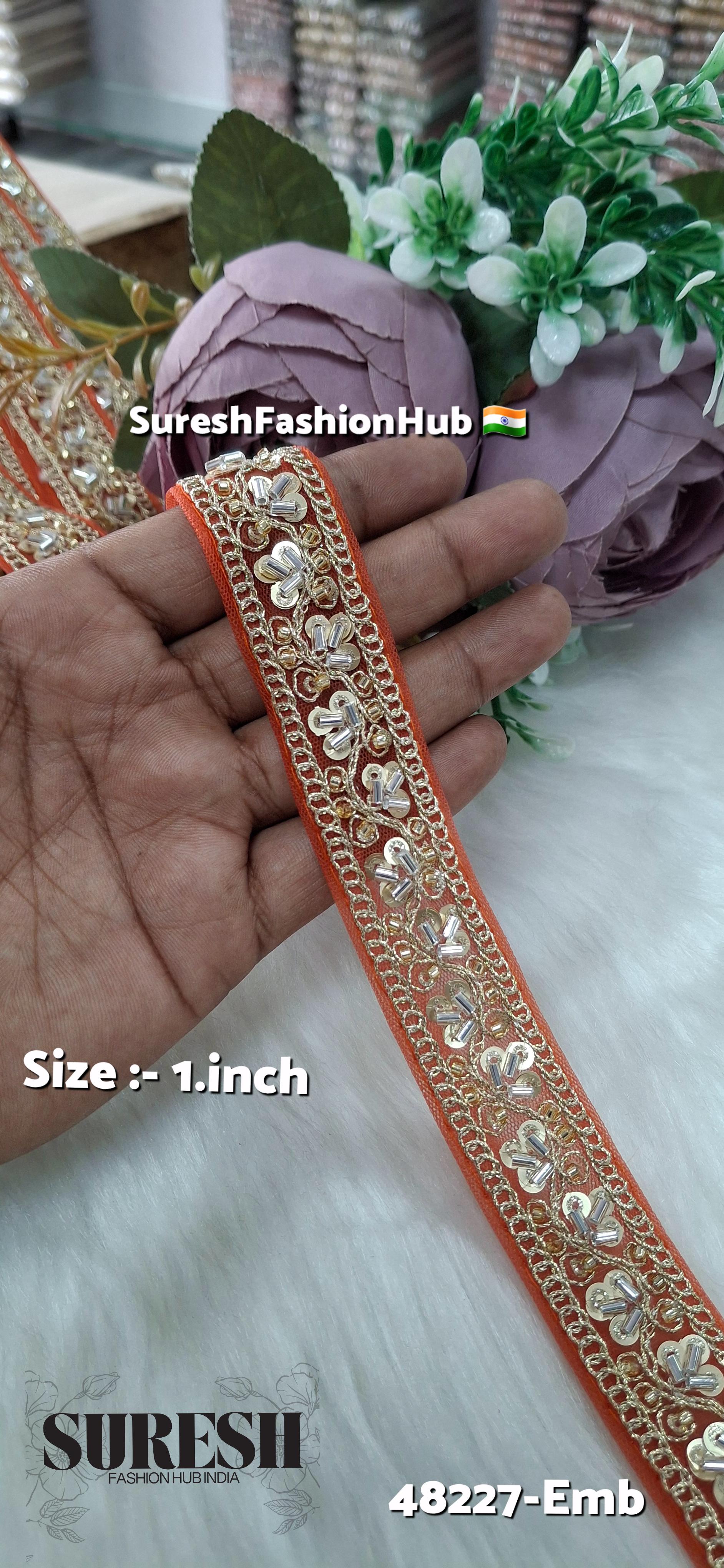 Orange Pearl Embroidery Net Lace