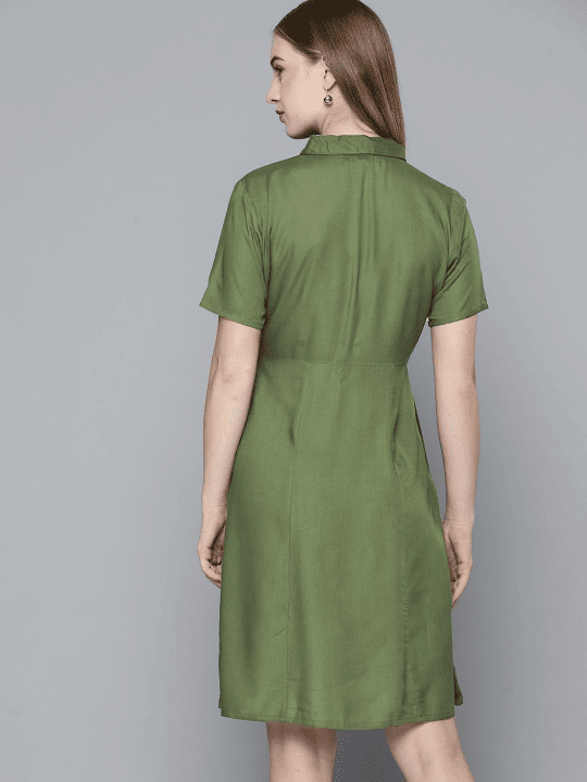 Olive Green Solid Shirt Dress