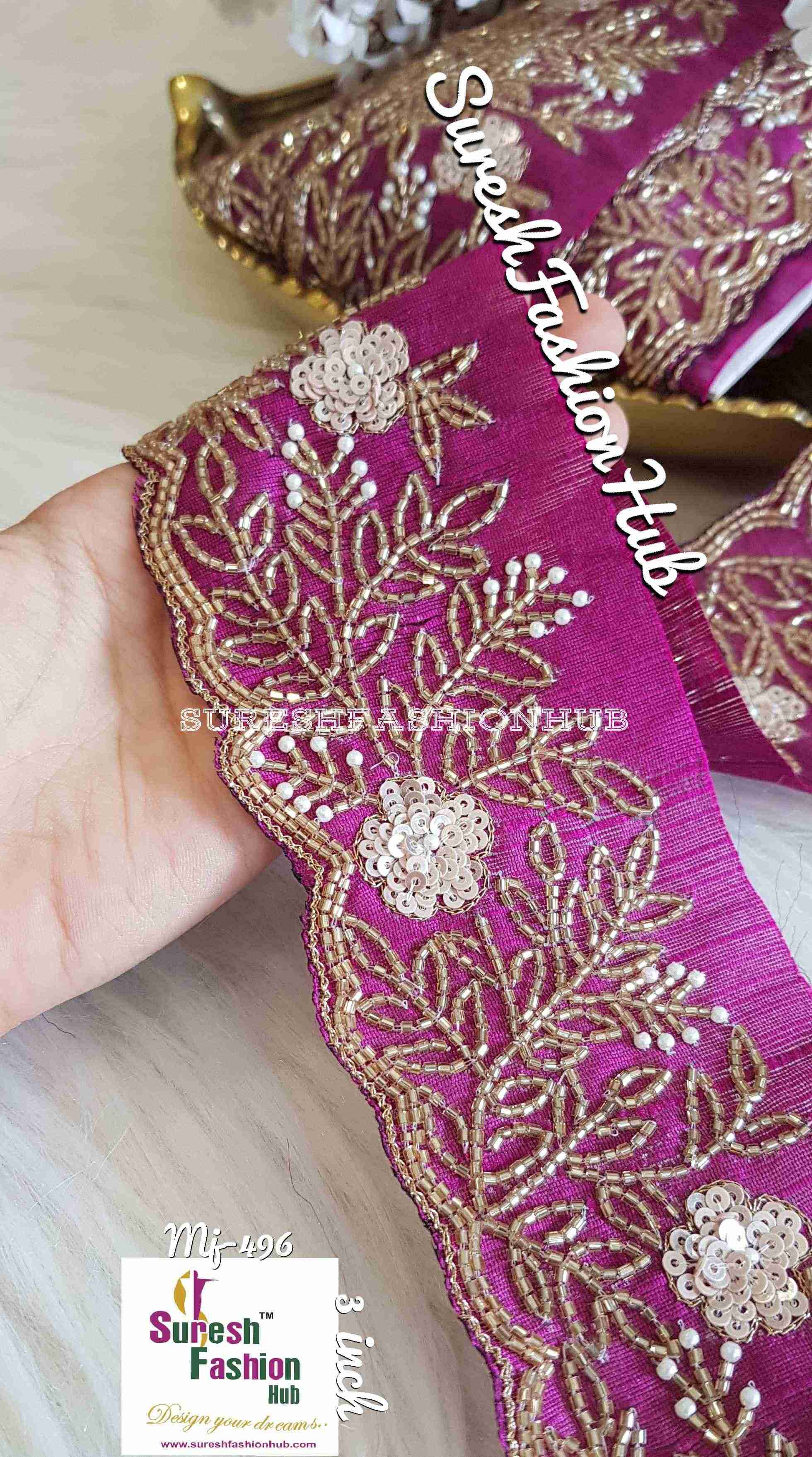 Hand Embroidered Magenta  Heavily Studded Trim