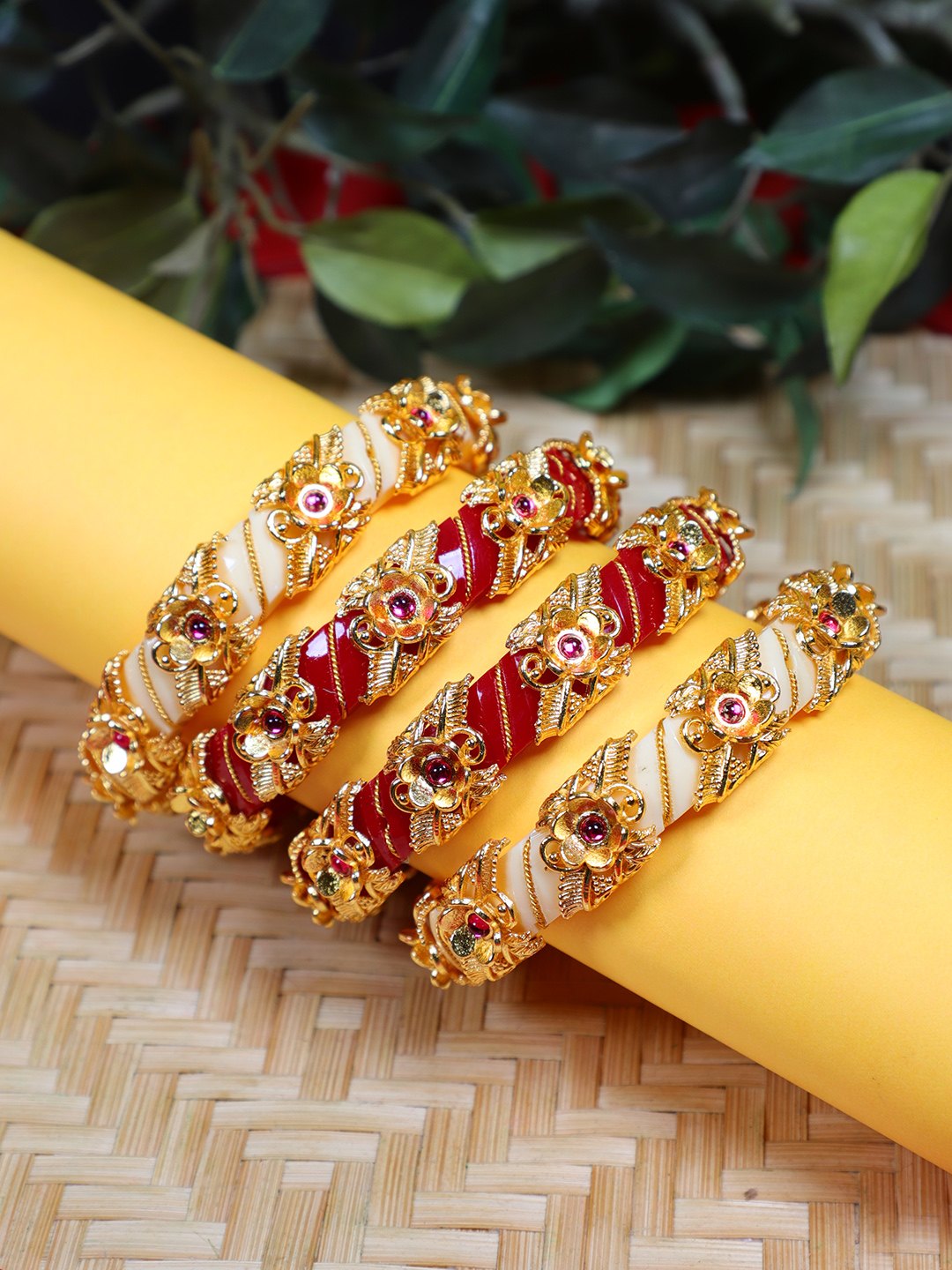 Firoza Swarna Sankha Pola Bangle Set 2.6 Premium Quality Brass Motif Enbellished Red Bangle for Women