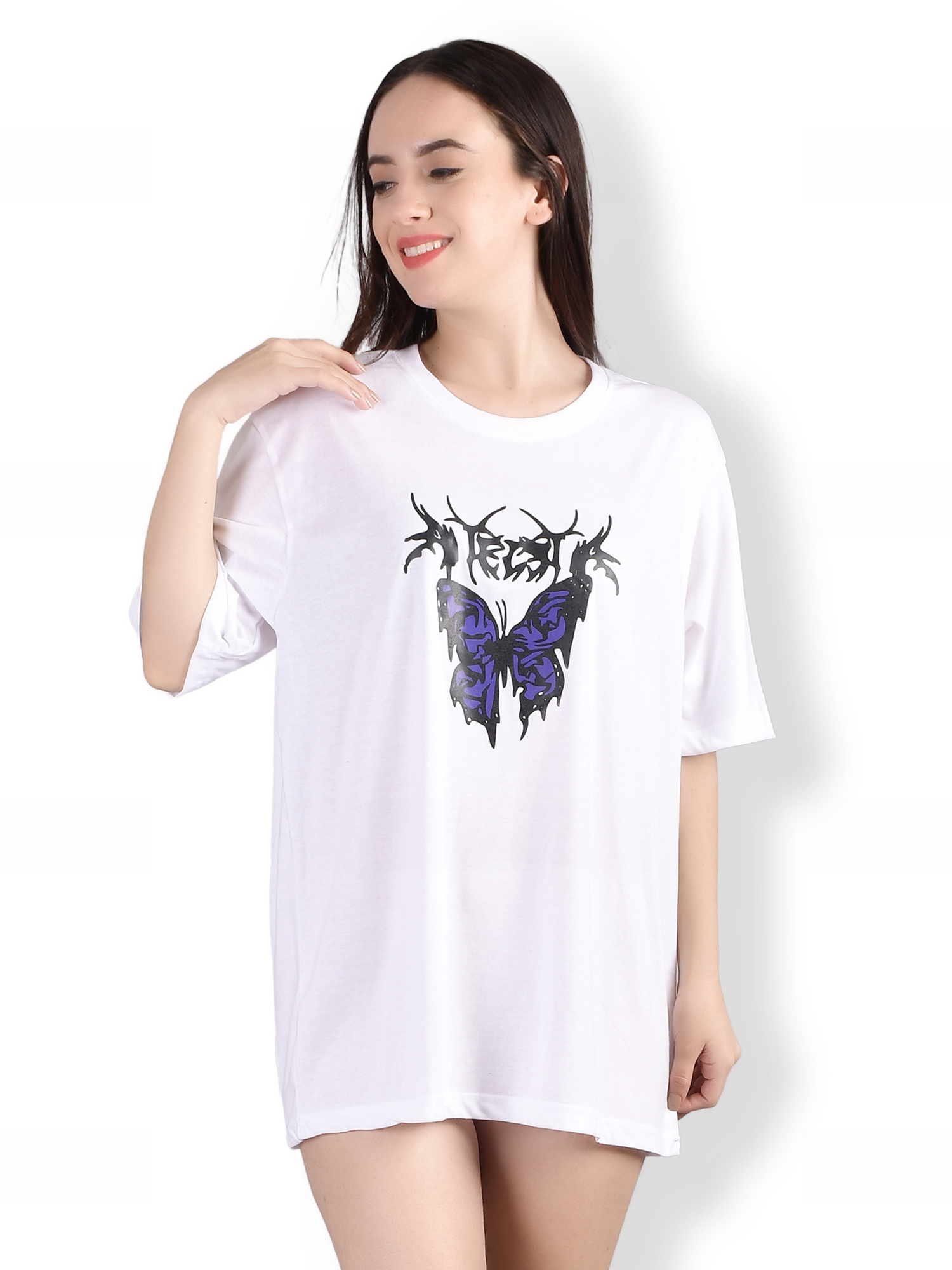 Weardo | Stylish Butterfly : Quirky Printed Oversized Women's Tees In White Color