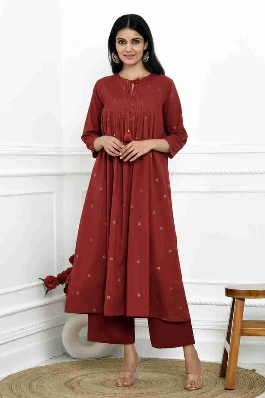 Naksh Maroon Gold Printed Pleated Kurta And Solid Pants (Set of 2)