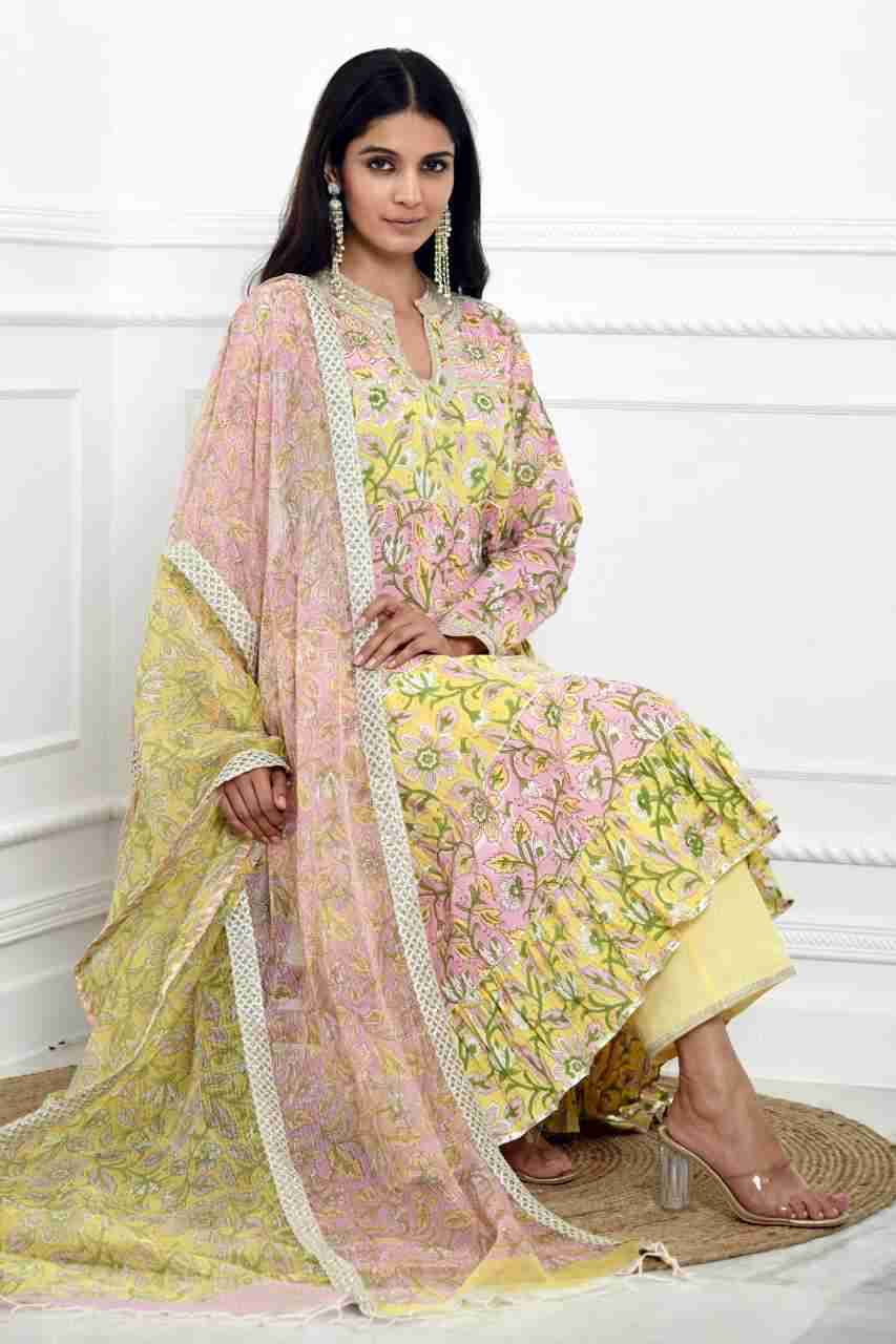 Naksh Pink And Yellow Kurta, Pants & Double Shaded Dupatta (Set of 3)