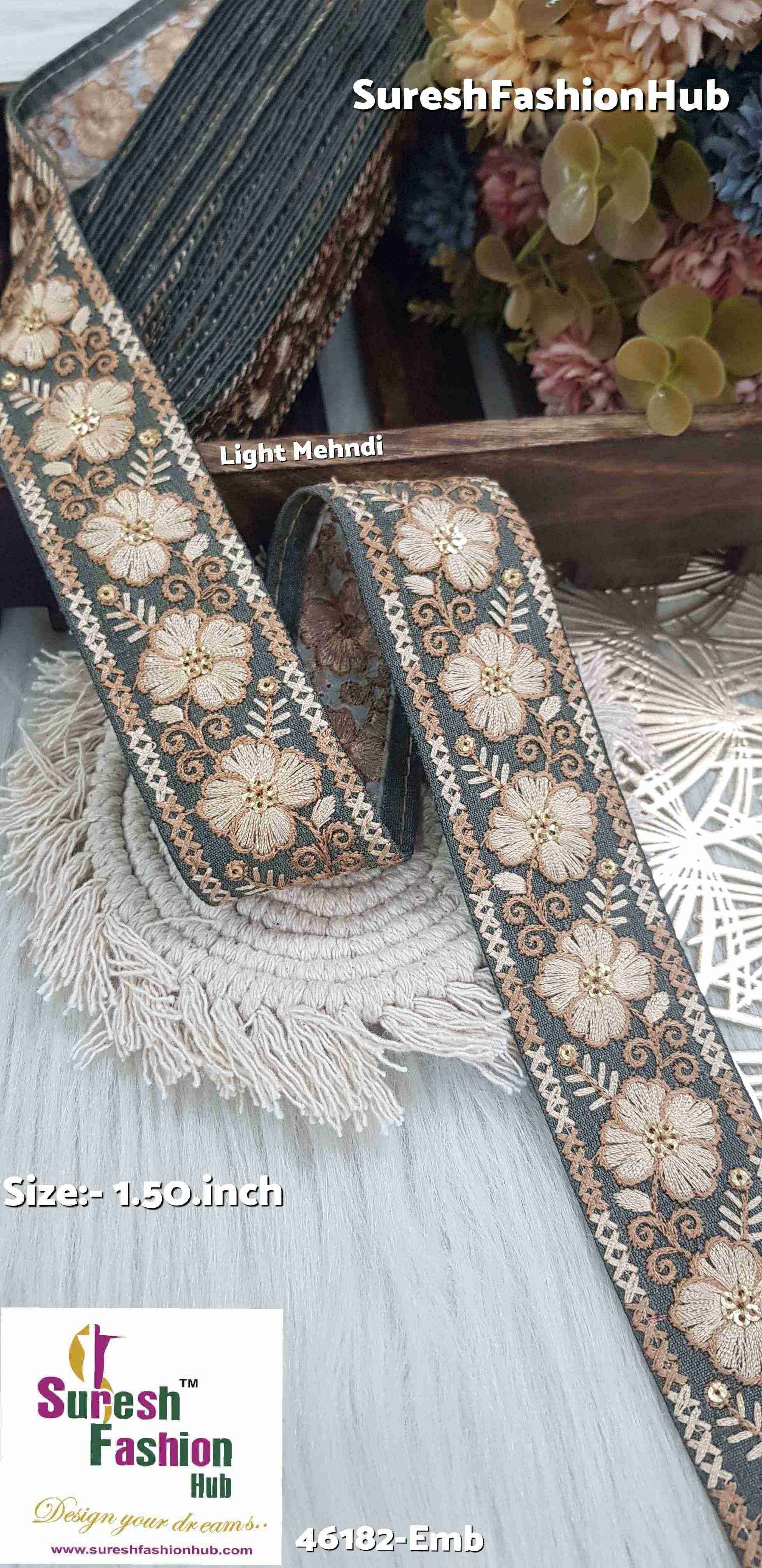 Jute-Colored Thread Light-MehndiEmbroidered Lace Fabric