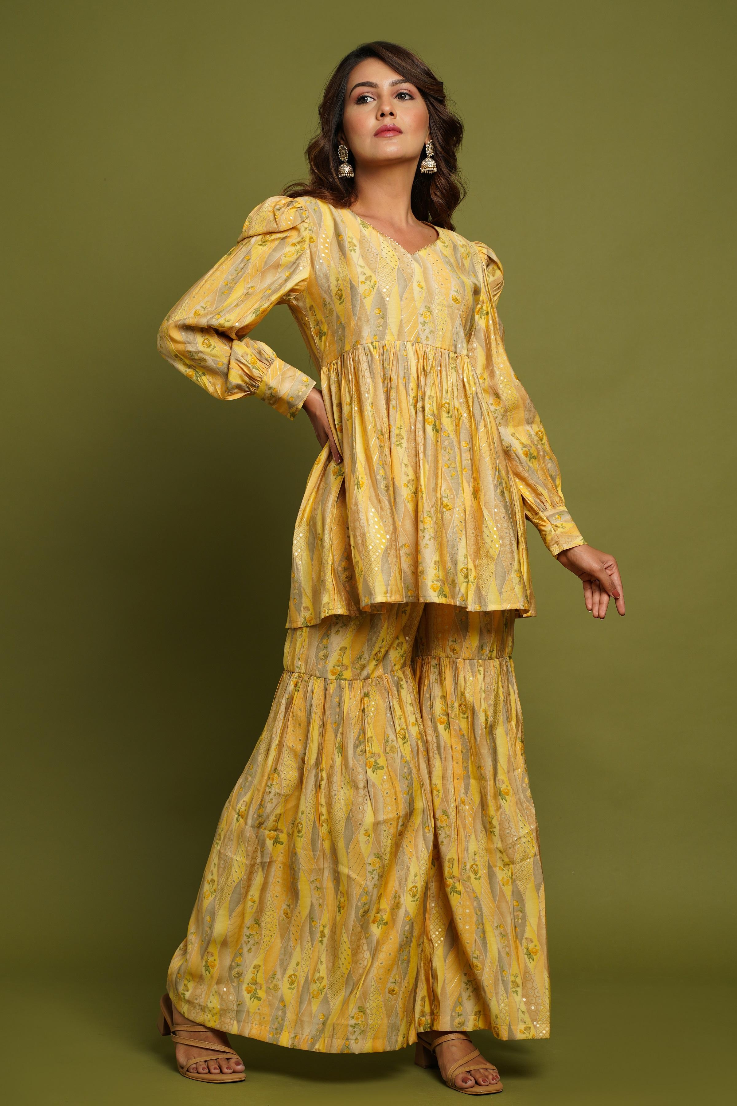 Yellow Printed Kurta With Sharara
