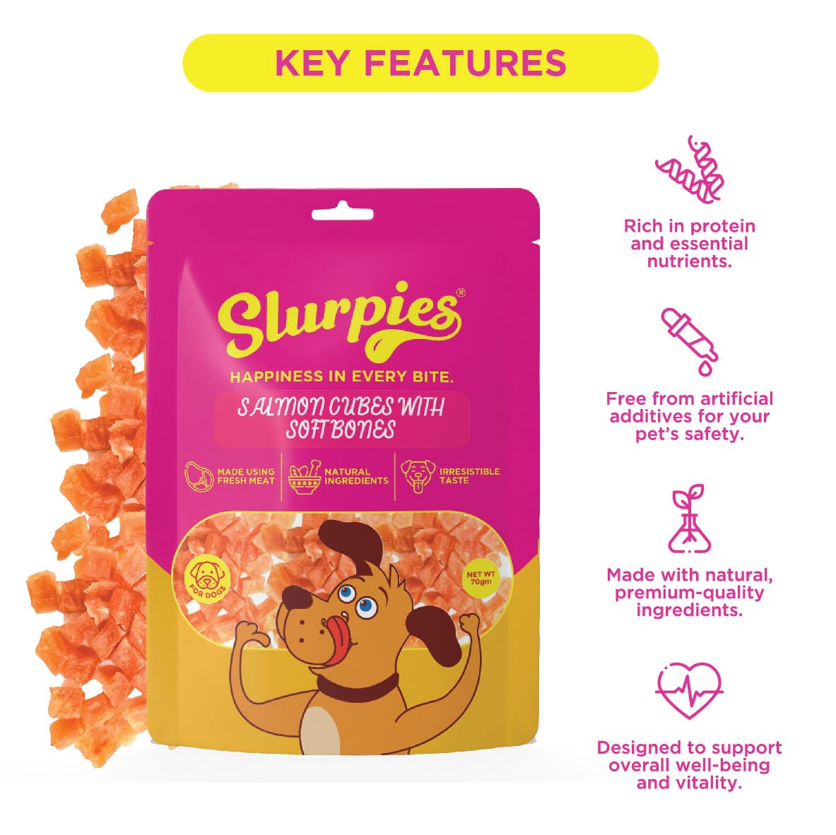 Slurpies Salmon Cubes with Soft Bones Treats for Cats, 50g