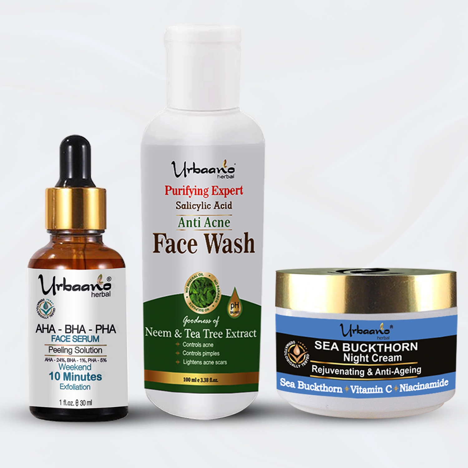Urbaano Herbal | Urbaano Herbal Acne Free, Rejuvenating Facial Kit- AHA Peeling Serum, Sea Buckthorn Night Cream, Neem, Tea Tree Face Wash-180gm 0