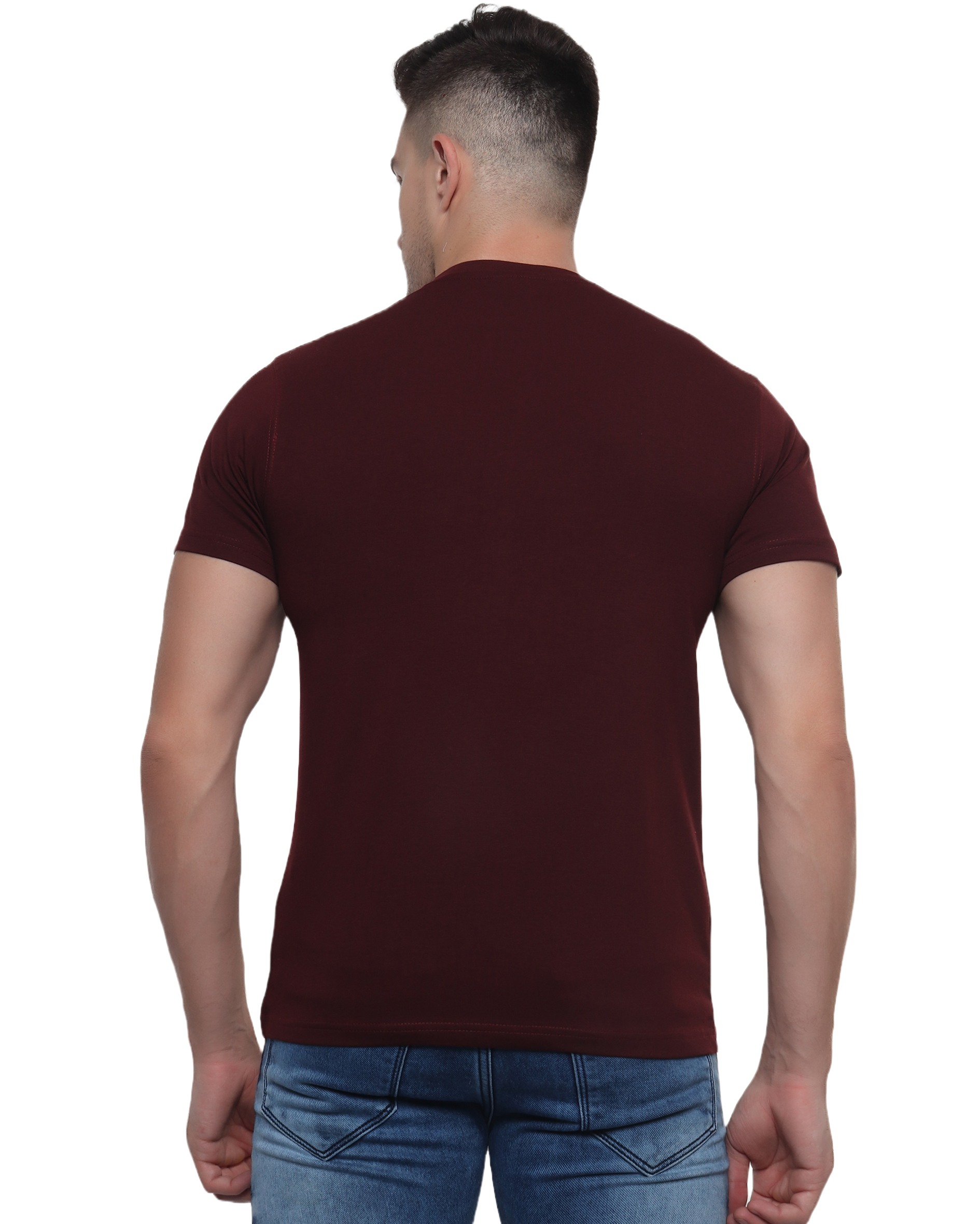 Wine Cotton Lycra Round Neck T Shirt