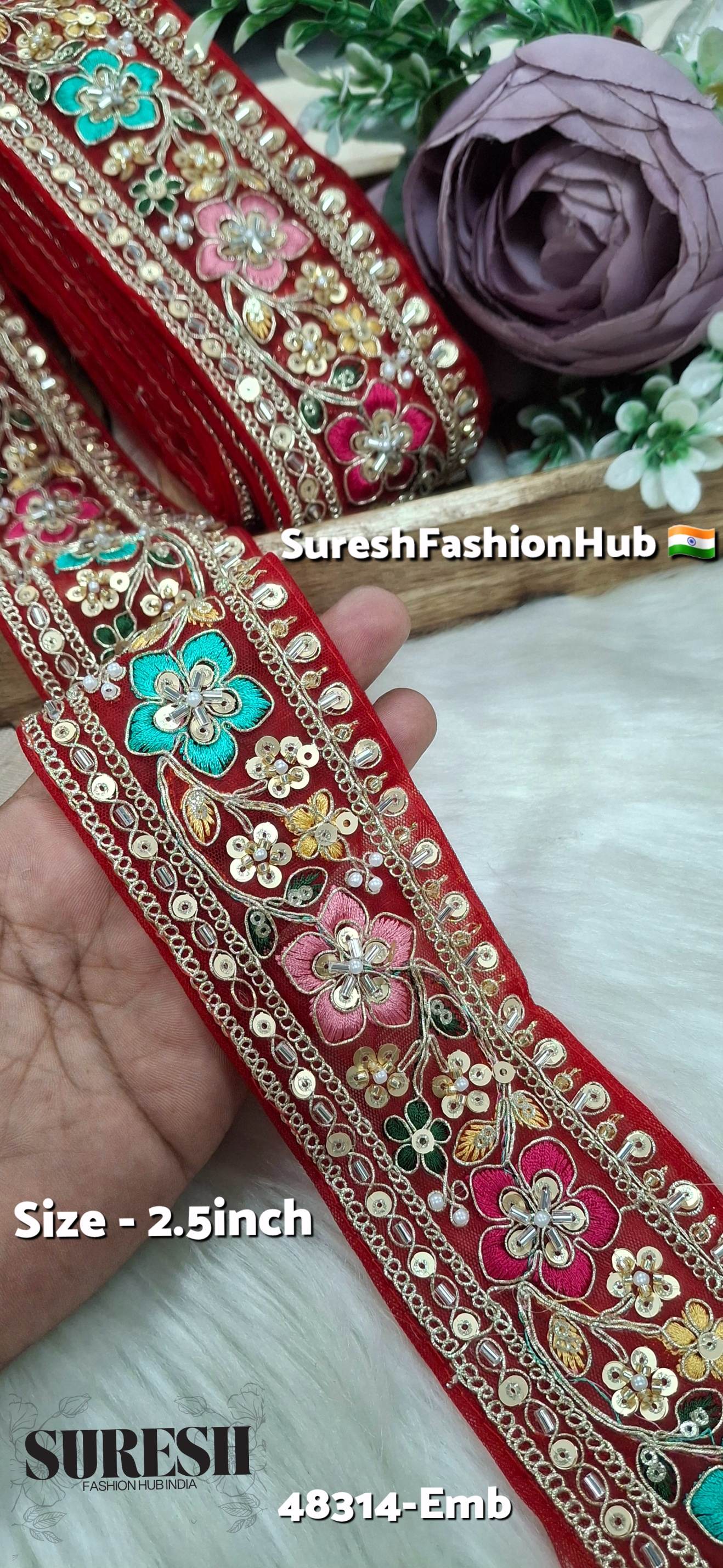 Red  Multicolor Kaddana Floral Embroidery Lace