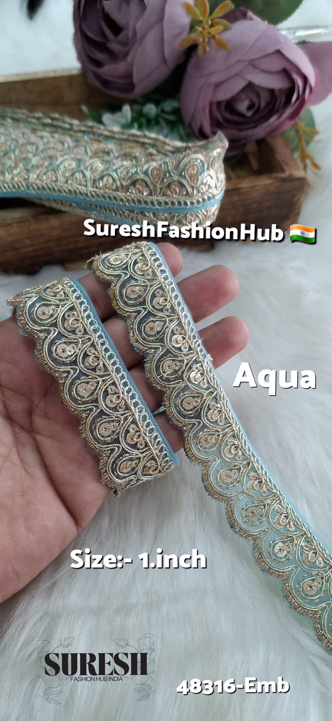 Aqua Pearl Dori One Side Scallop Embroidery Lace
