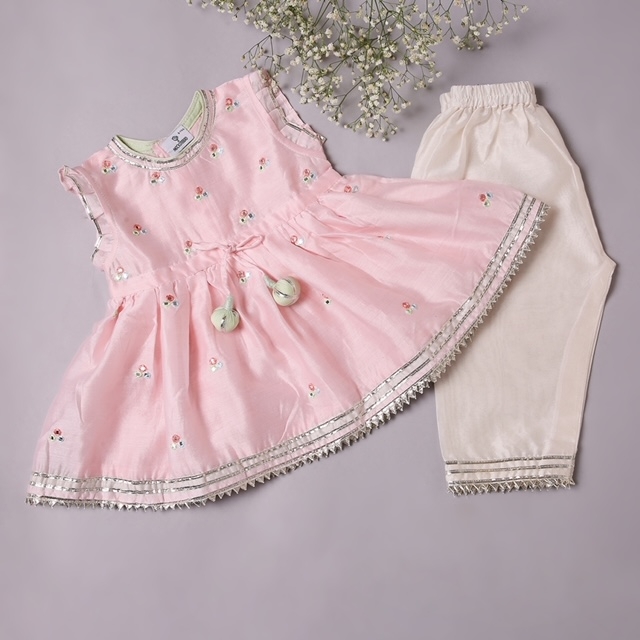 BABY PINK ANARKALI WITH MIRROR AND RESHAM WORK AND IVORY PANTS