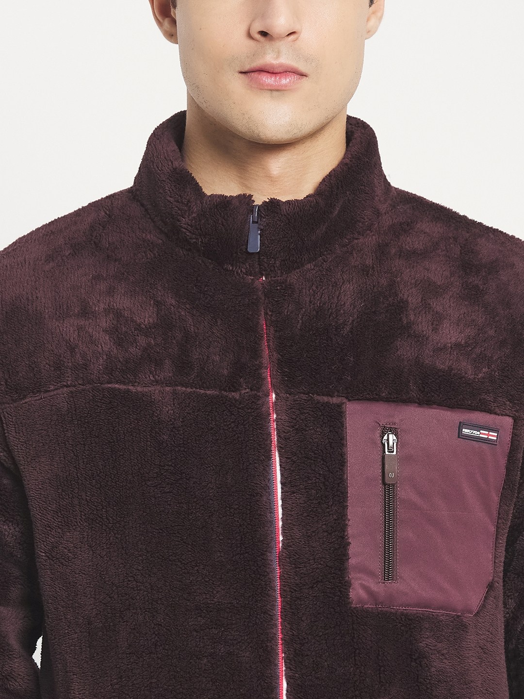 Octave Men Burgundy Solid Fleece Front-Open Sweatshirt