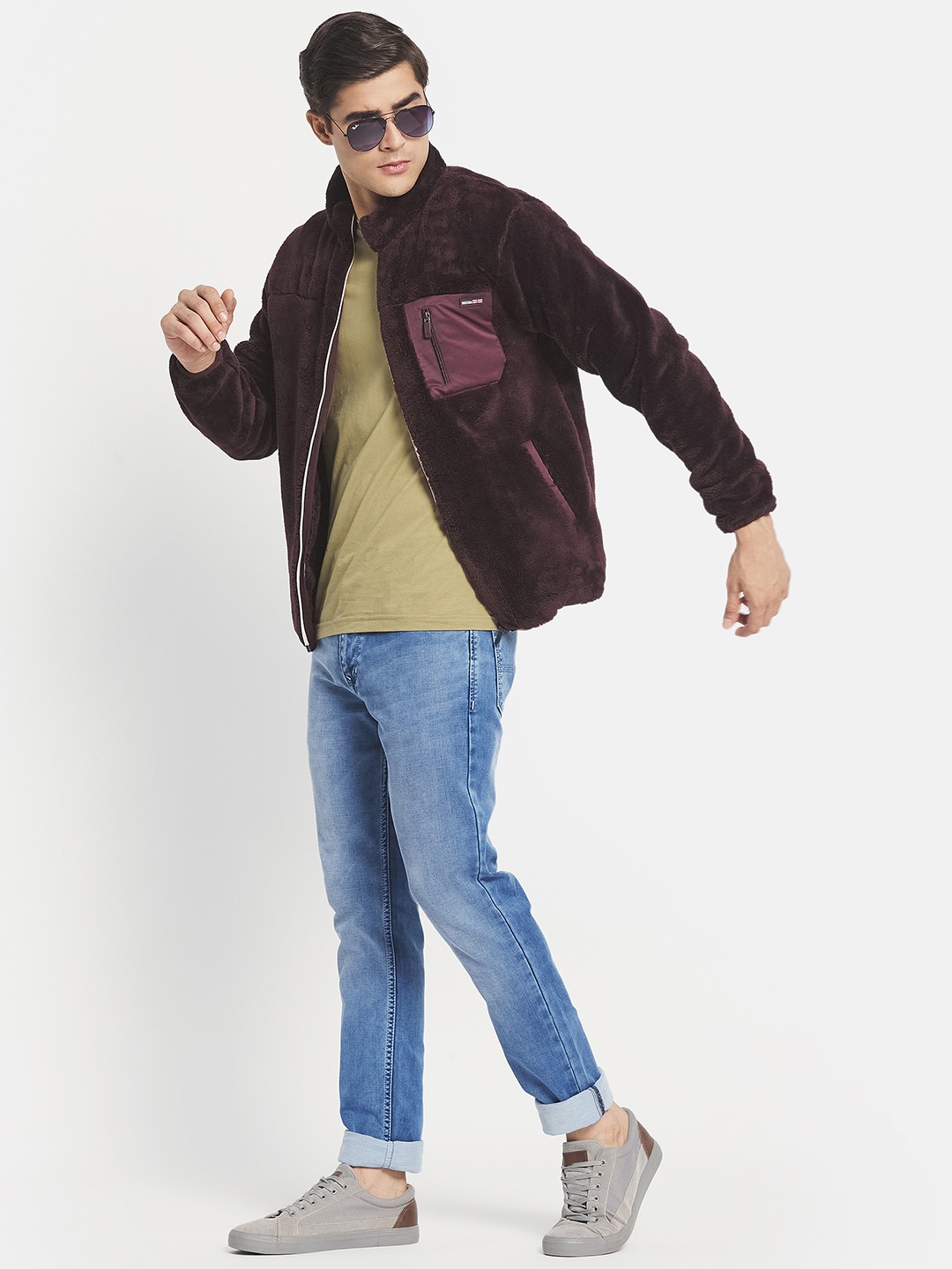 Octave Men Burgundy Solid Fleece Front-Open Sweatshirt