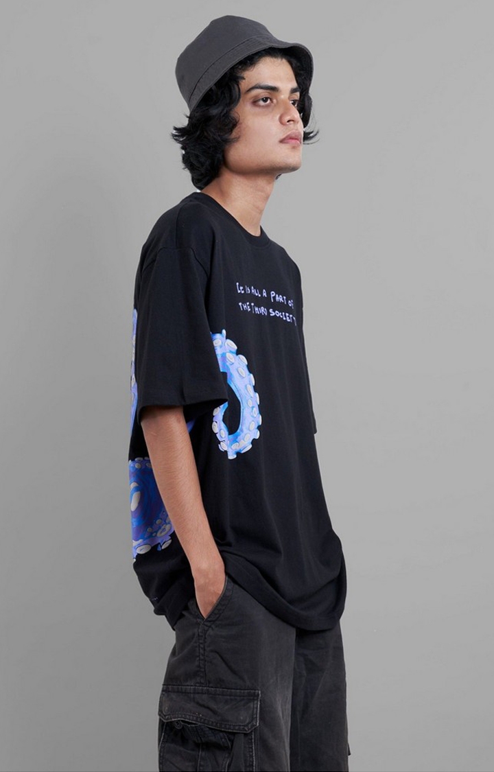 THIRD SOCIETY | Unisex Octopus Black Printed Cotton Oversized T-Shirt