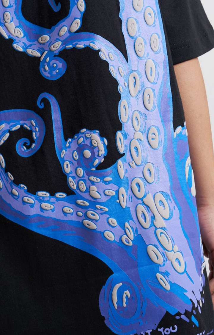 Unisex Octopus Black Printed Cotton Oversized T-Shirt