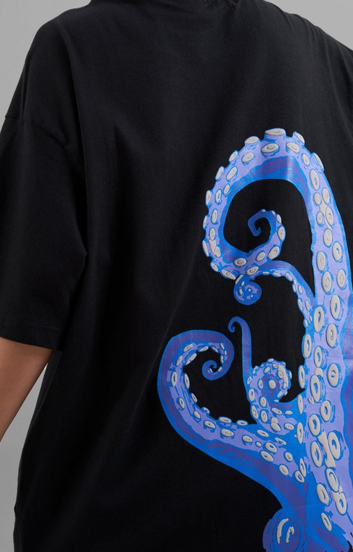 Unisex Octopus Black Printed Cotton Oversized T-Shirt