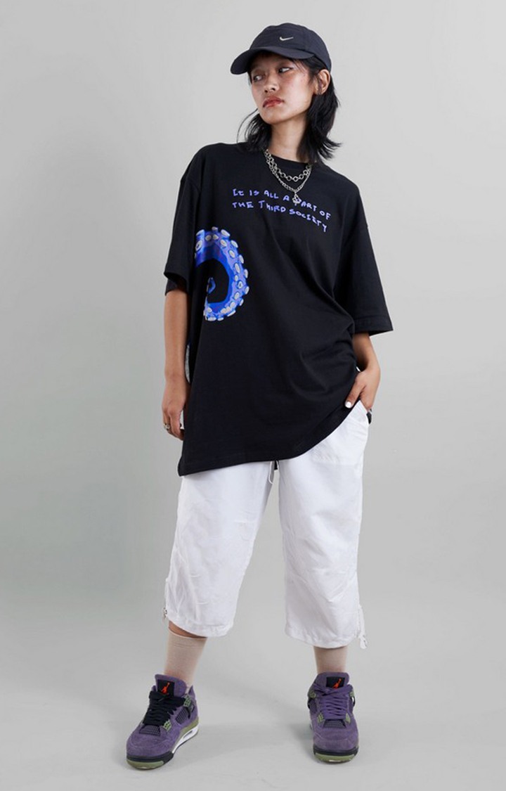 Unisex Octopus Black Printed Cotton Oversized T-Shirt