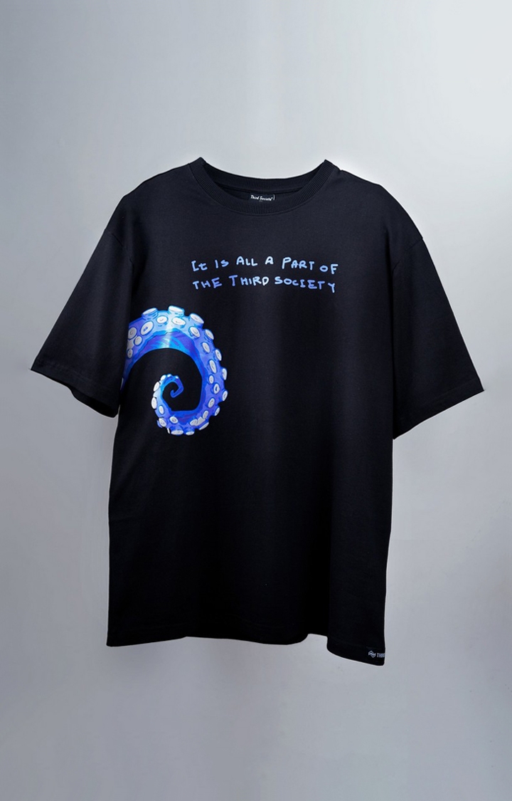 Unisex Octopus Black Printed Cotton Oversized T-Shirt