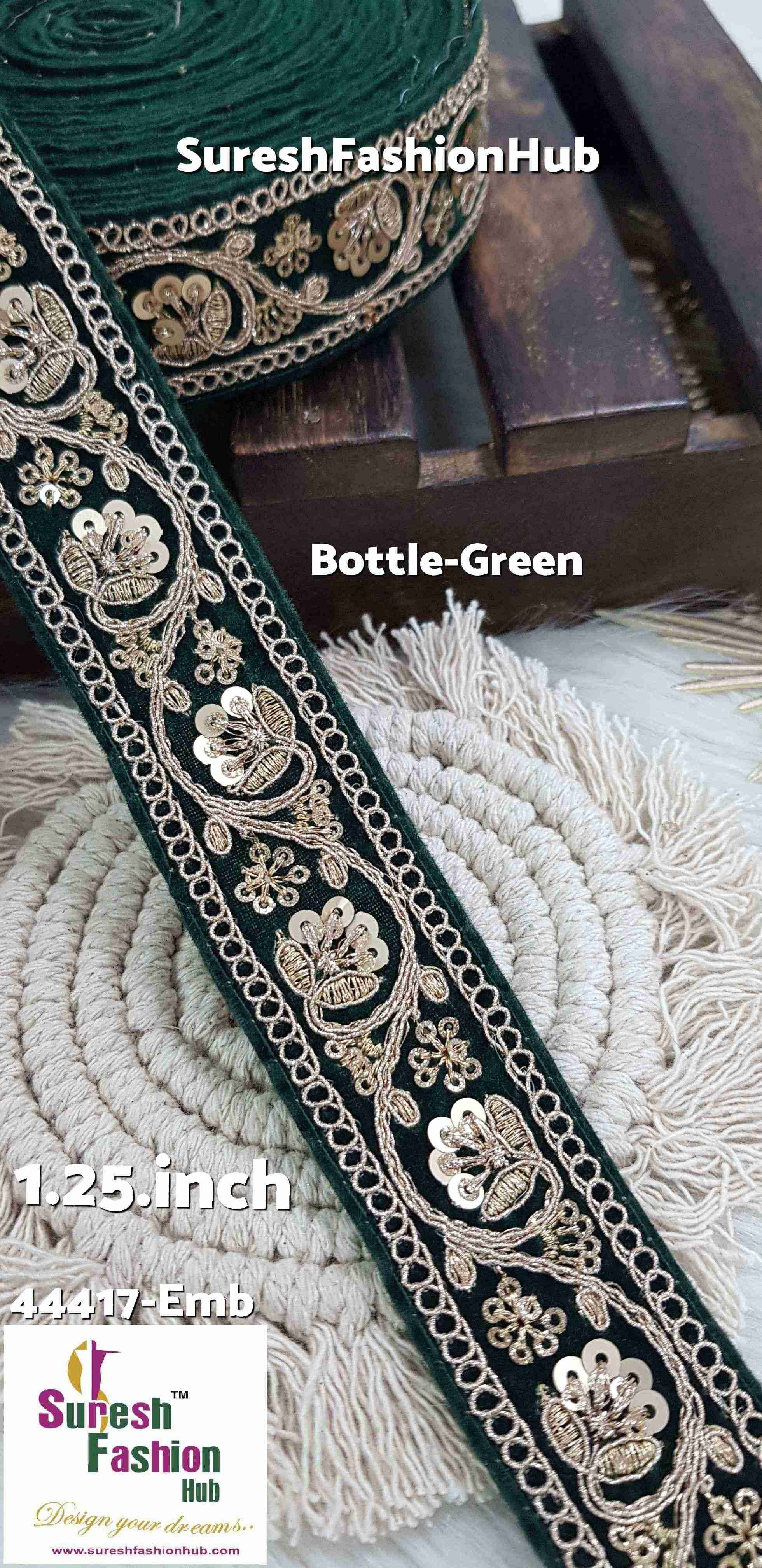 Floral Bottle Green Velvet Sequin Border