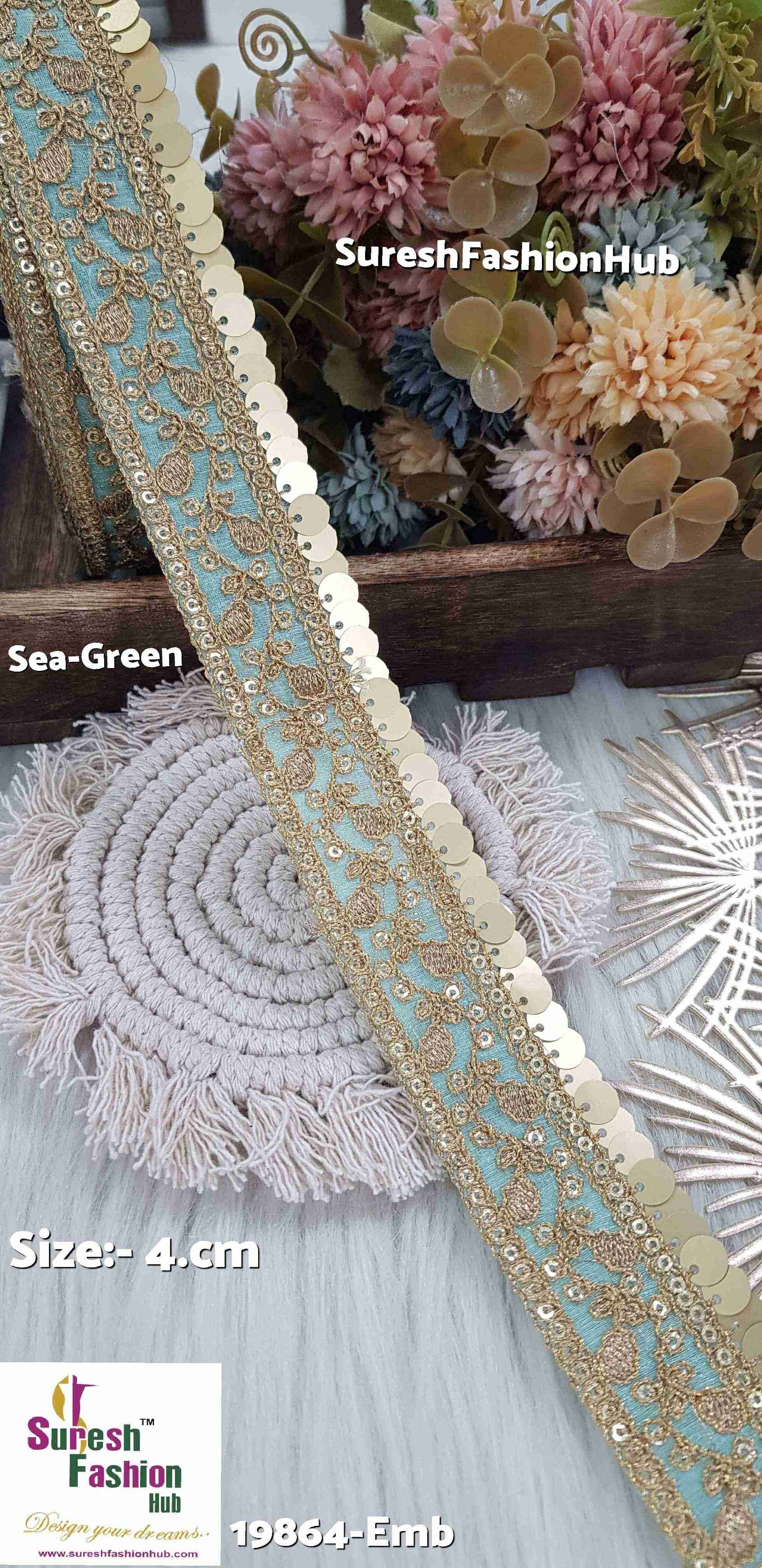 Sea-Green Color Floral Organza Embroidered Lace Roll