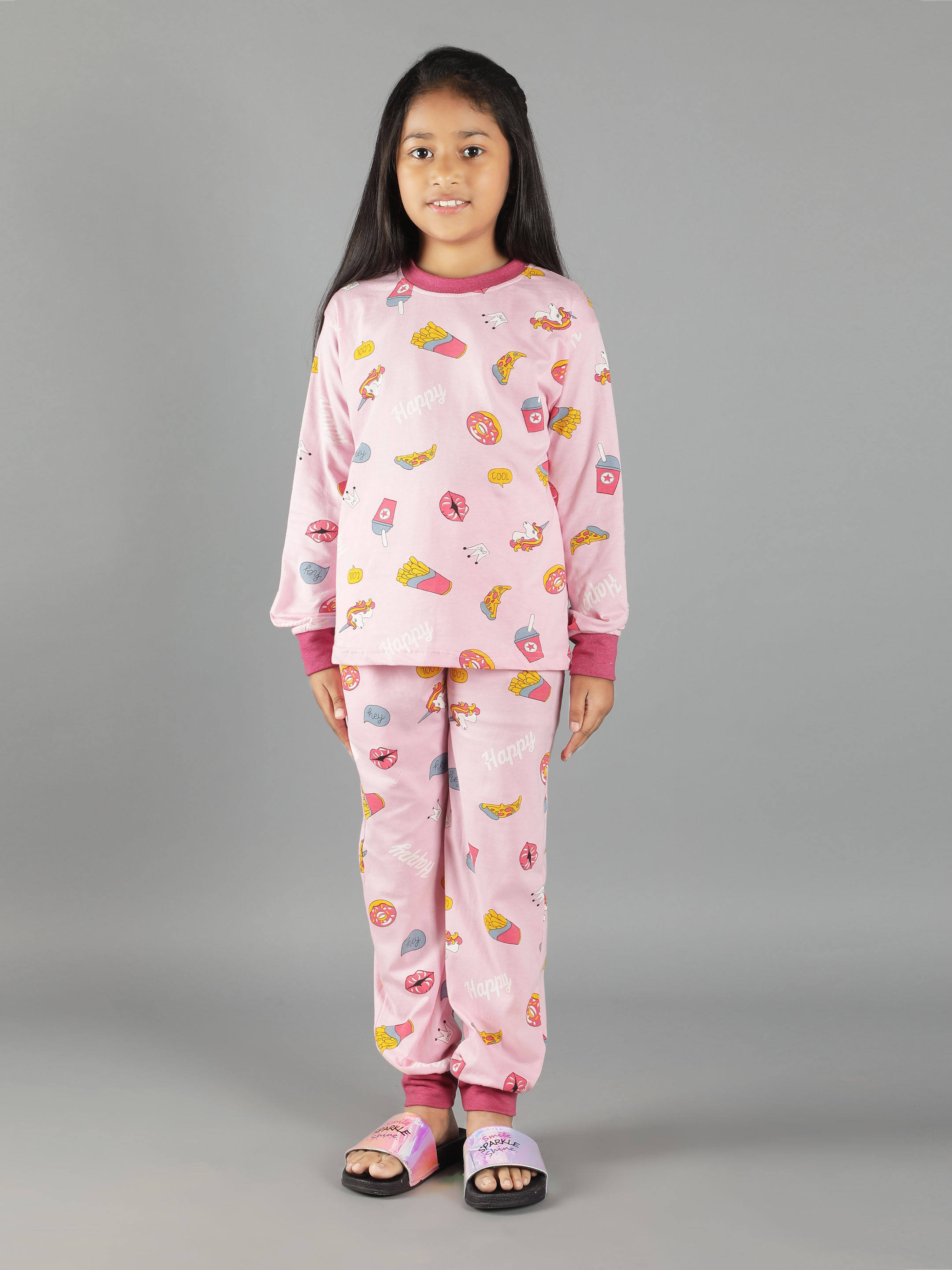 Ninos Dreams Unicorn Printed Girls Full Sleeves Coord set with Tshirt & Jogger - Pink