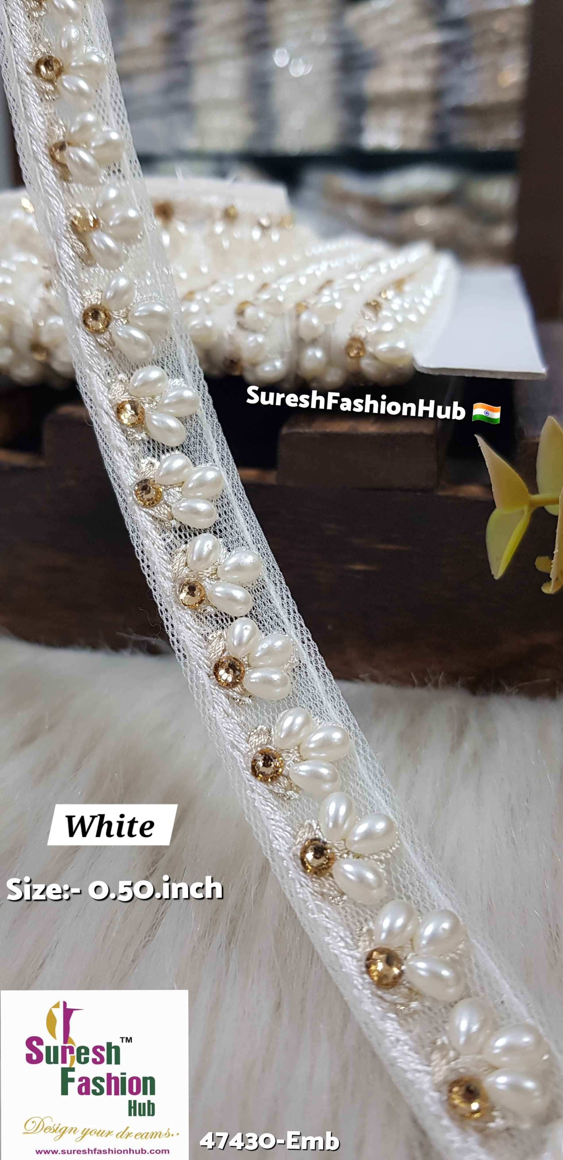 LuxeGlimmer Embroidered Trim White Color