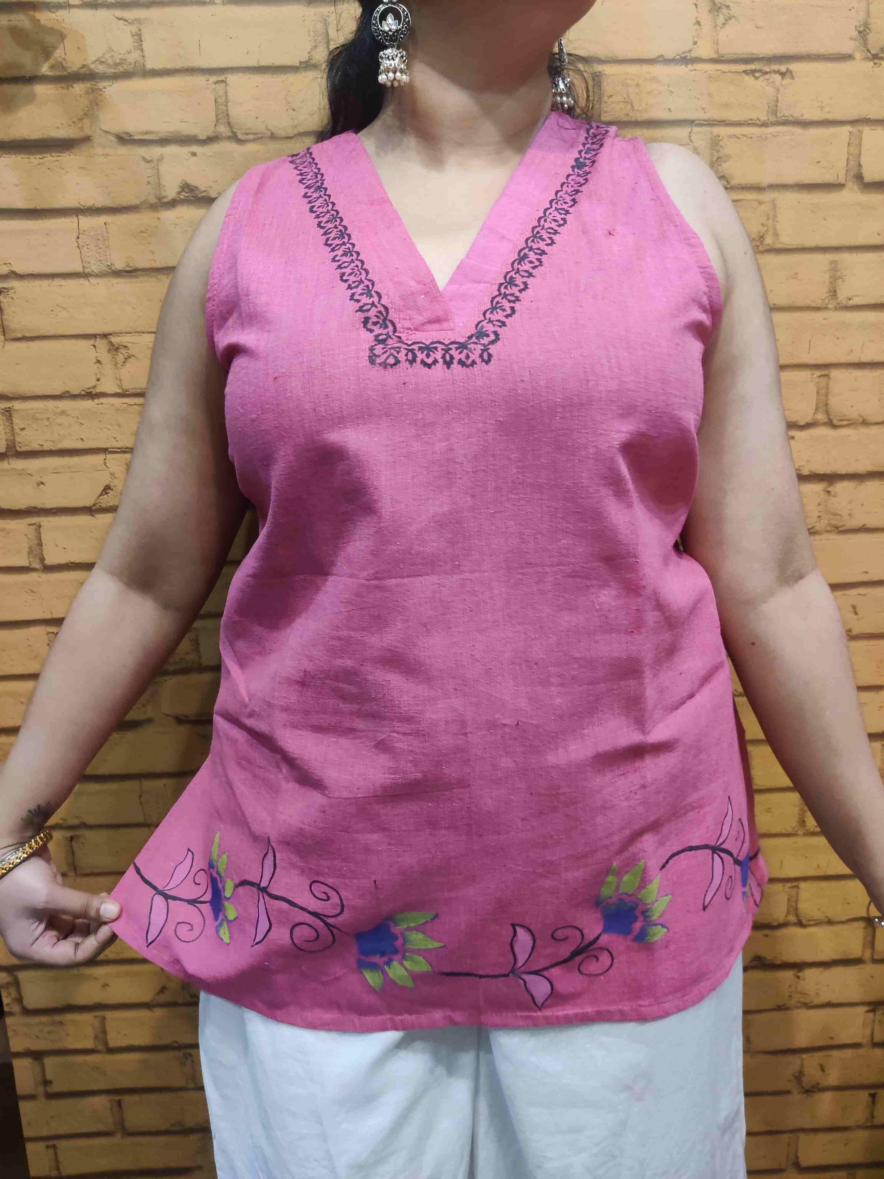 Handpainted Sleeveless Short Kurti-Pink
