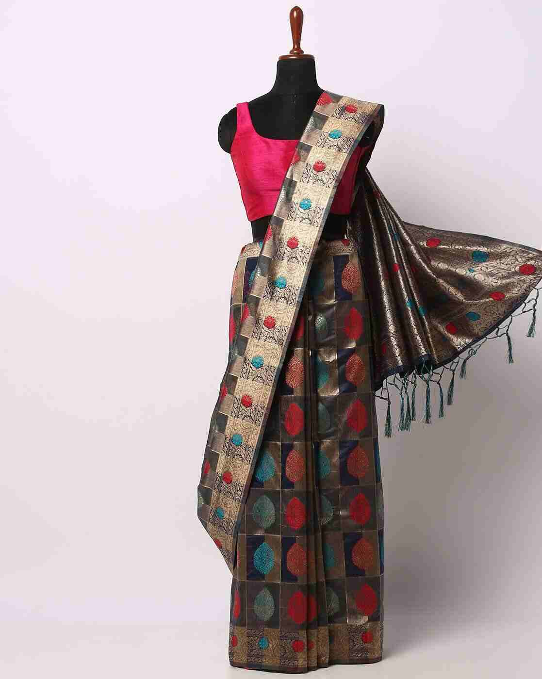 Art Silk Saree with Leaf Woven Motifs