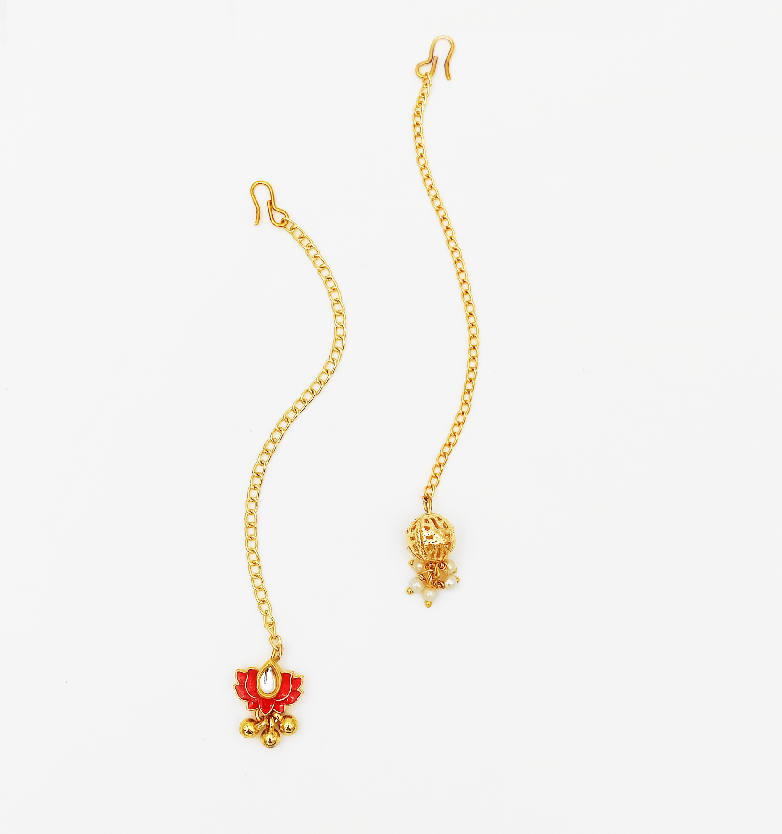 Set Of 2 Meenakari  Lotus & Beads Maang Tikkas - Red, Gold