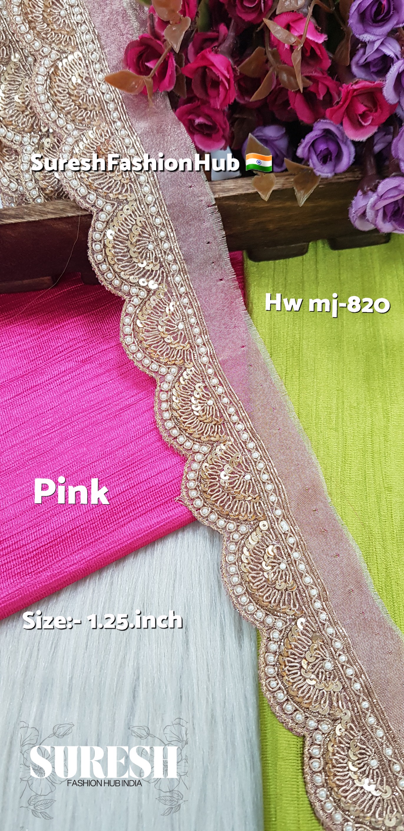 Mj-820 Pink Handmade Zardosi Organza Lace`