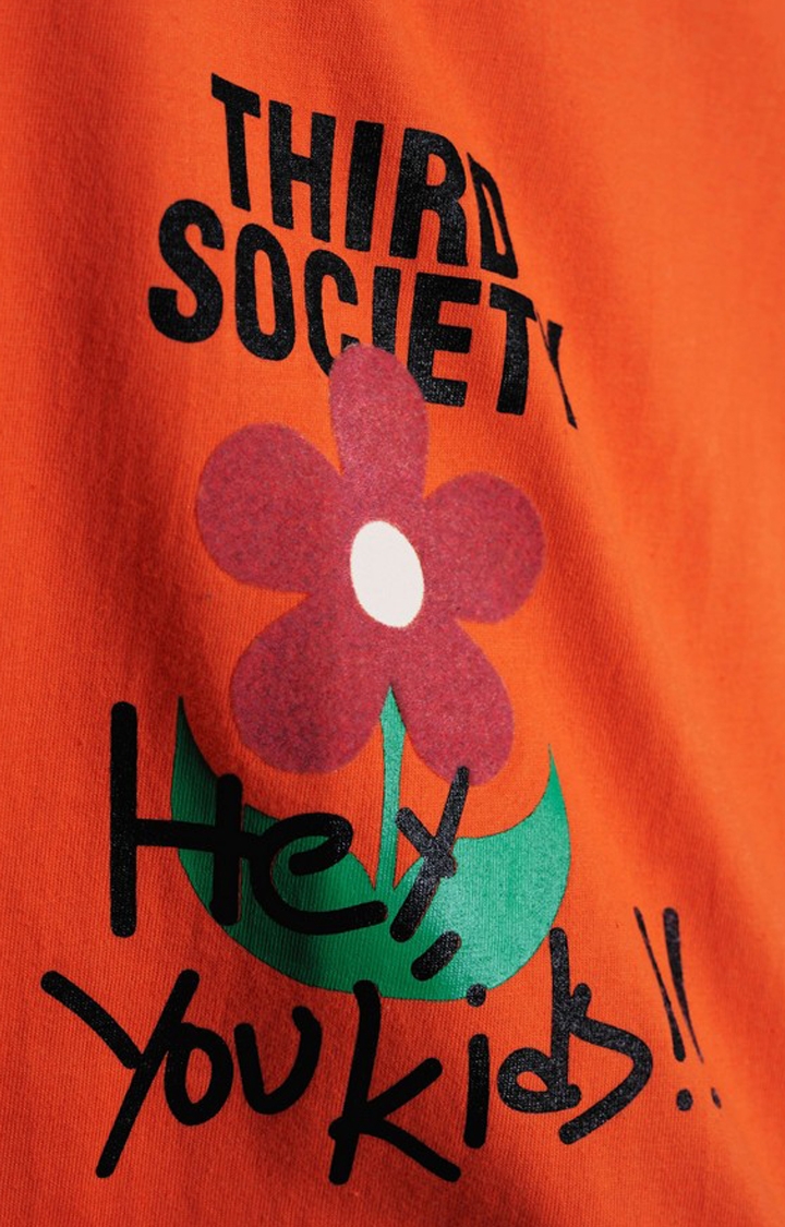 Unisex Orange Flower Printed Cotton Oversized T-Shirt