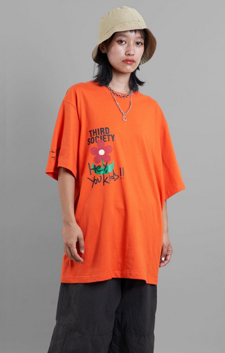 THIRD SOCIETY | Unisex Orange Flower Printed Cotton Oversized T-Shirt